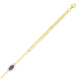 Italian 14k Yellow Gold Double Cuban Chain Evil Eye Charm Bracelet 7.5" 2.8grams