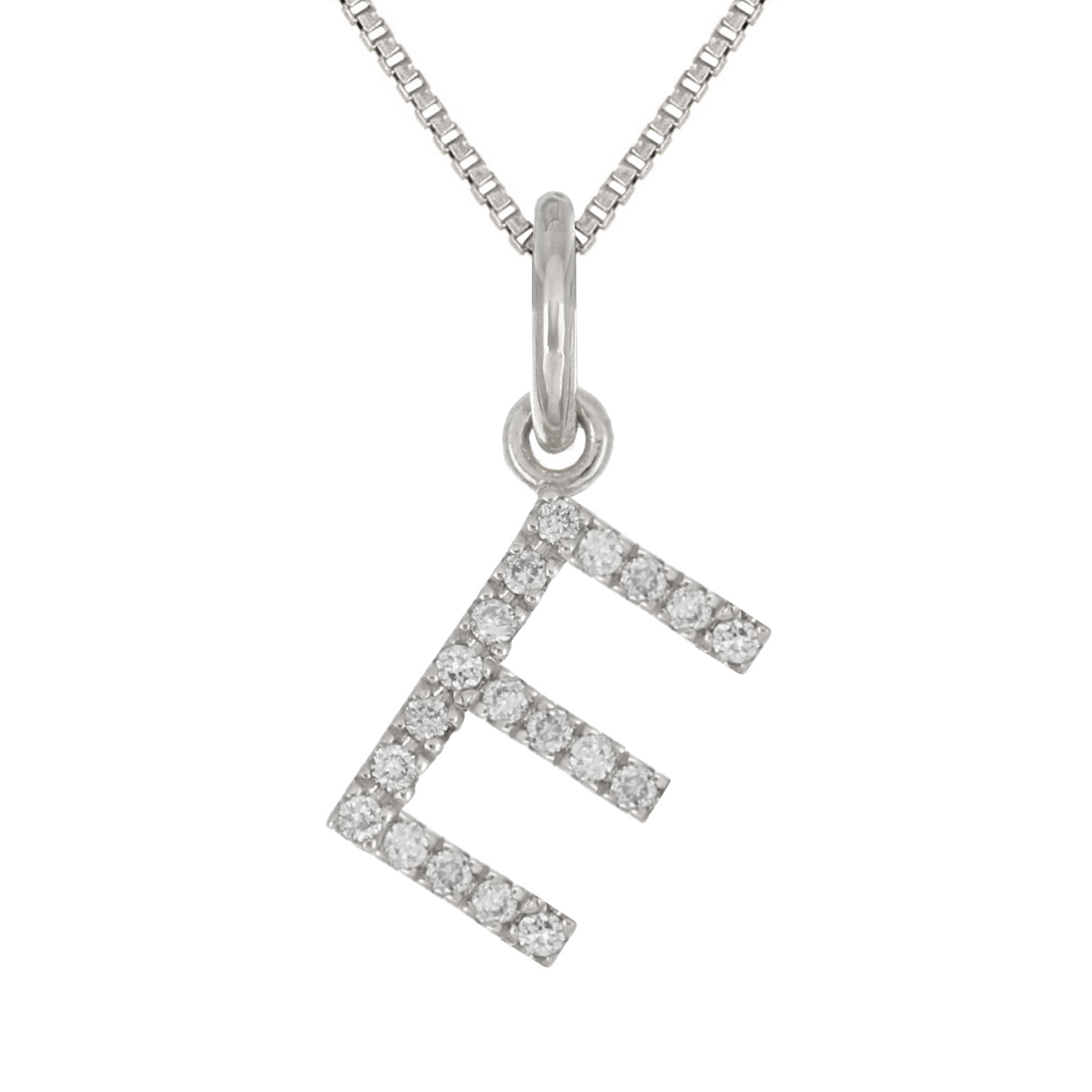 14k White Gold Diamond Initial Letter E Charm Pendant Necklace 18" - Letter E,White