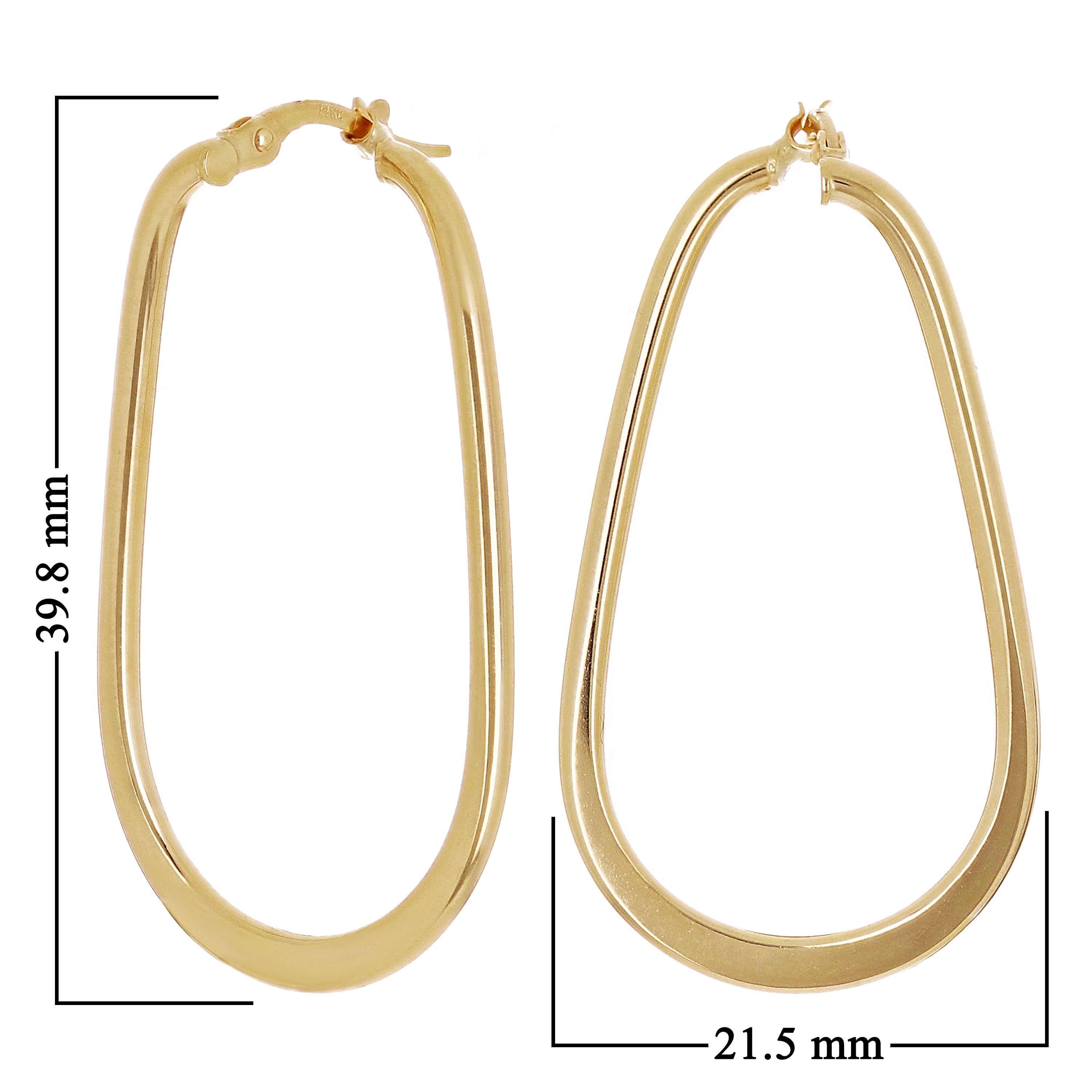 Italian 14k Yellow Gold Oblong Oval U-Shaped Hoop Earrings 1.6" 3 grams
