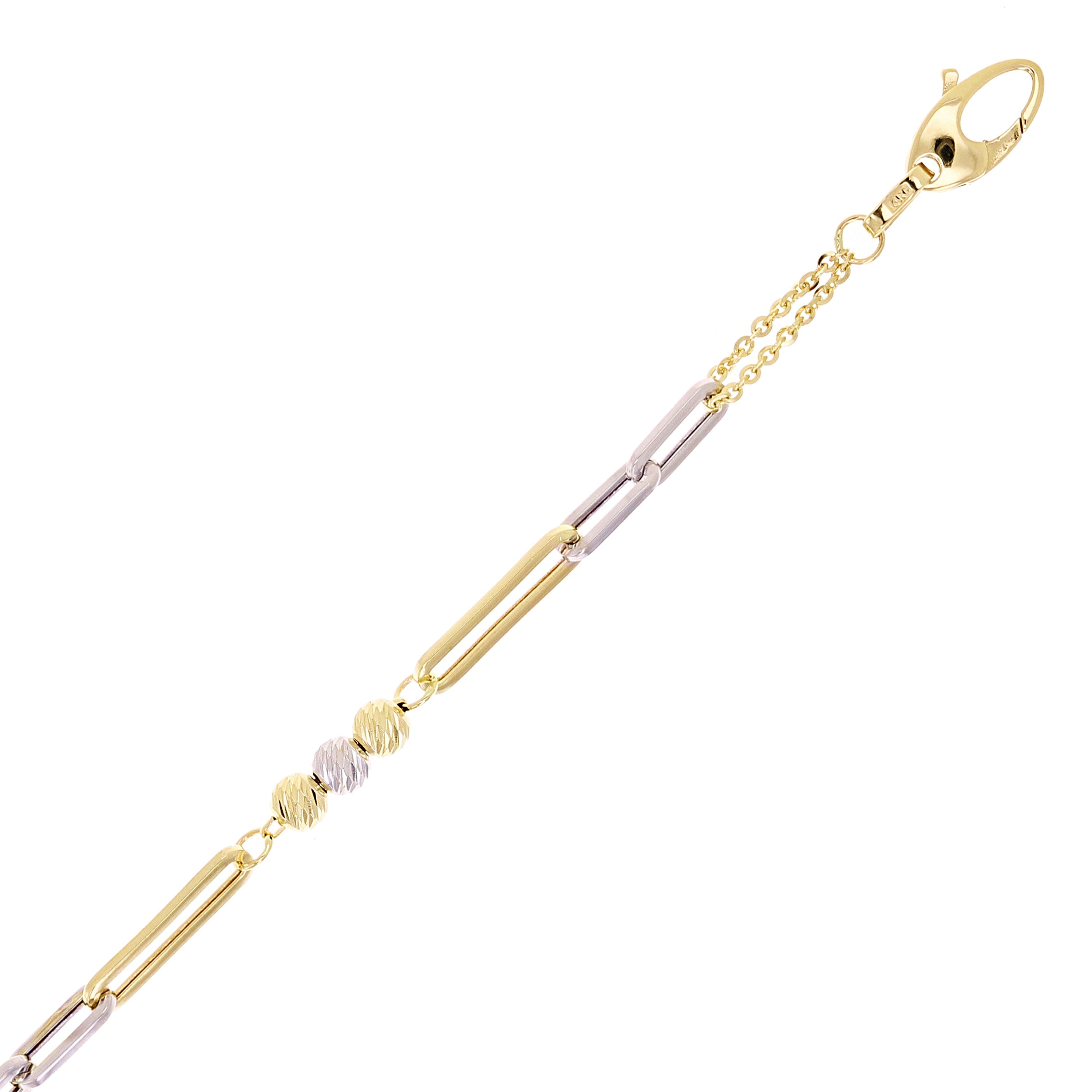 Italian 14k Two Tone Gold Ball Bead & Paper Clip Link Bracelet 7.5" 3.1 grams