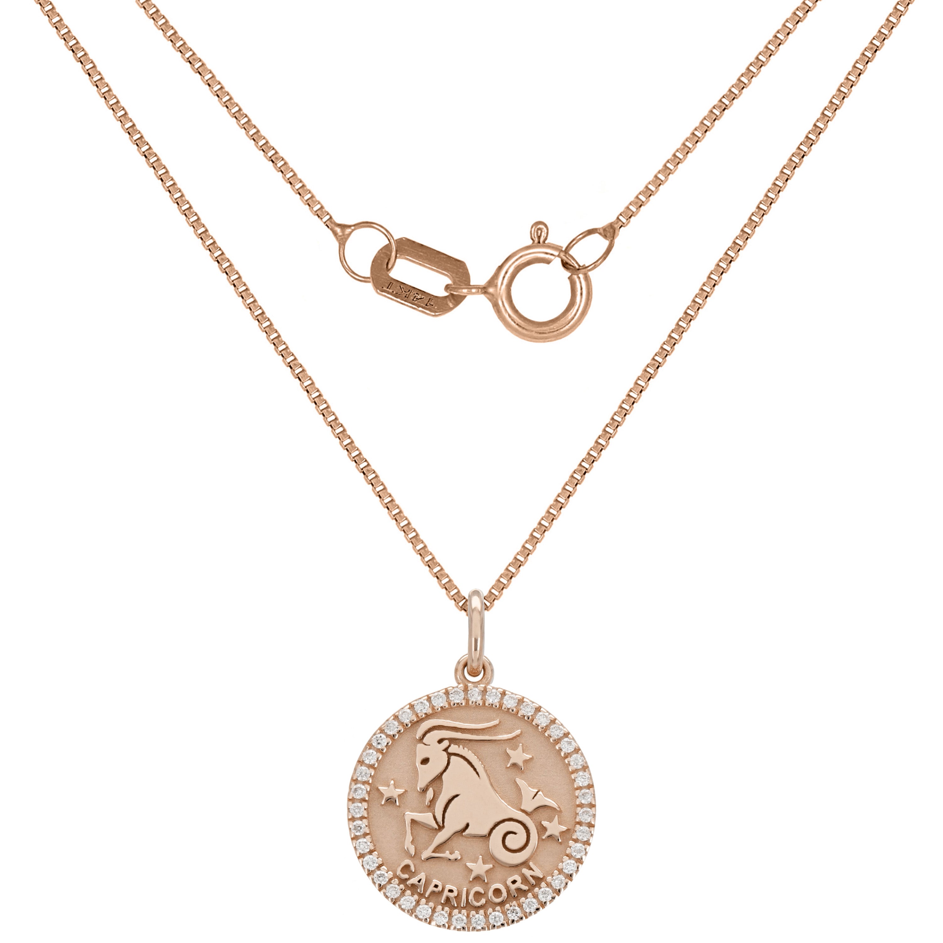 14k Rose Gold  Diamond Zodiac Sign Capricorn Pendant Necklace 18" - Capricorn,Rose