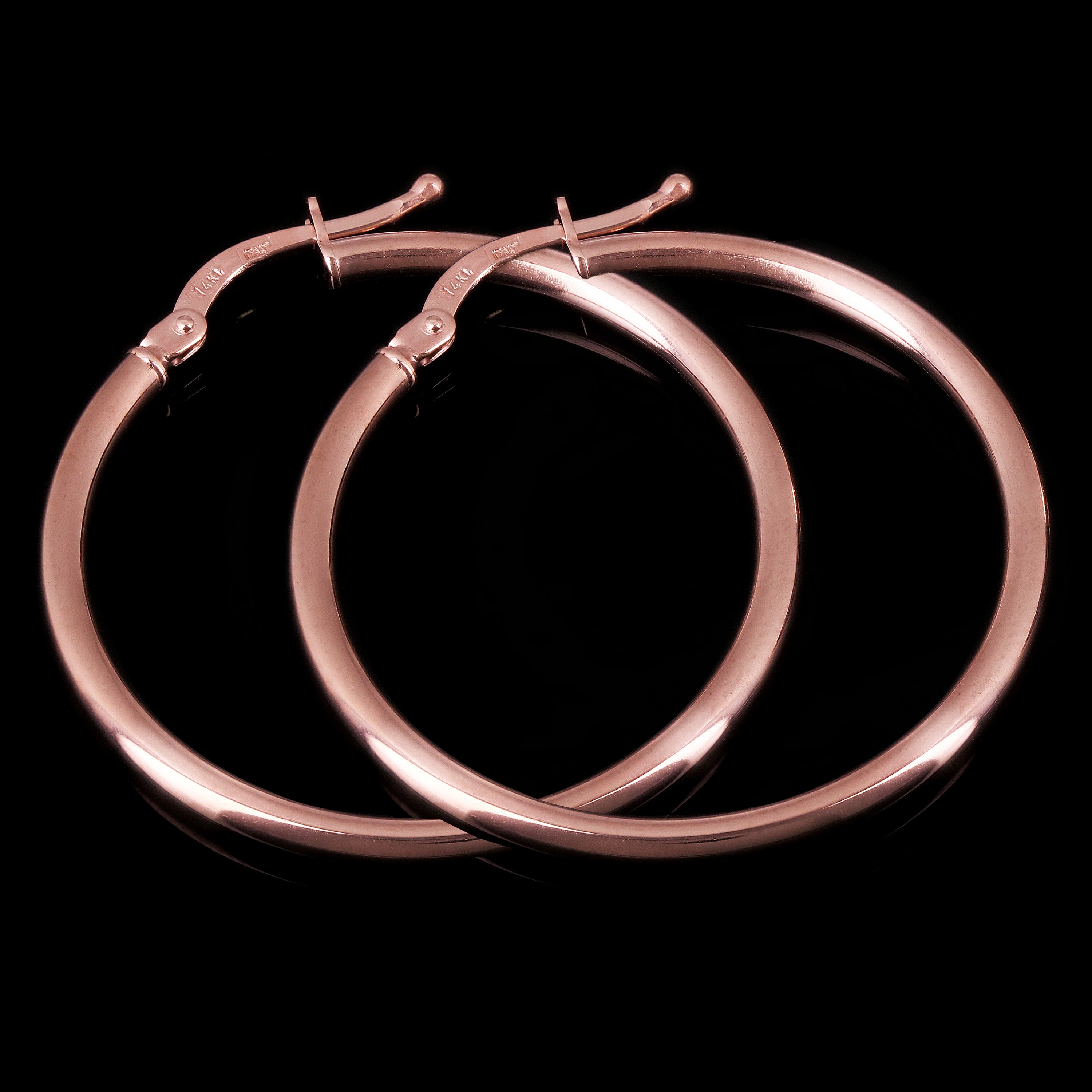 Italian 14k Rose Gold High Polished Plain 2mm Hollow Hoop Earrings 1.2" 2 grams - Rose,Size 1.2" 2 grams
