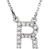 14k White Gold Diamond Initial Letter R Alphabet Rolo Pendant Necklace 18" - Letter R,White