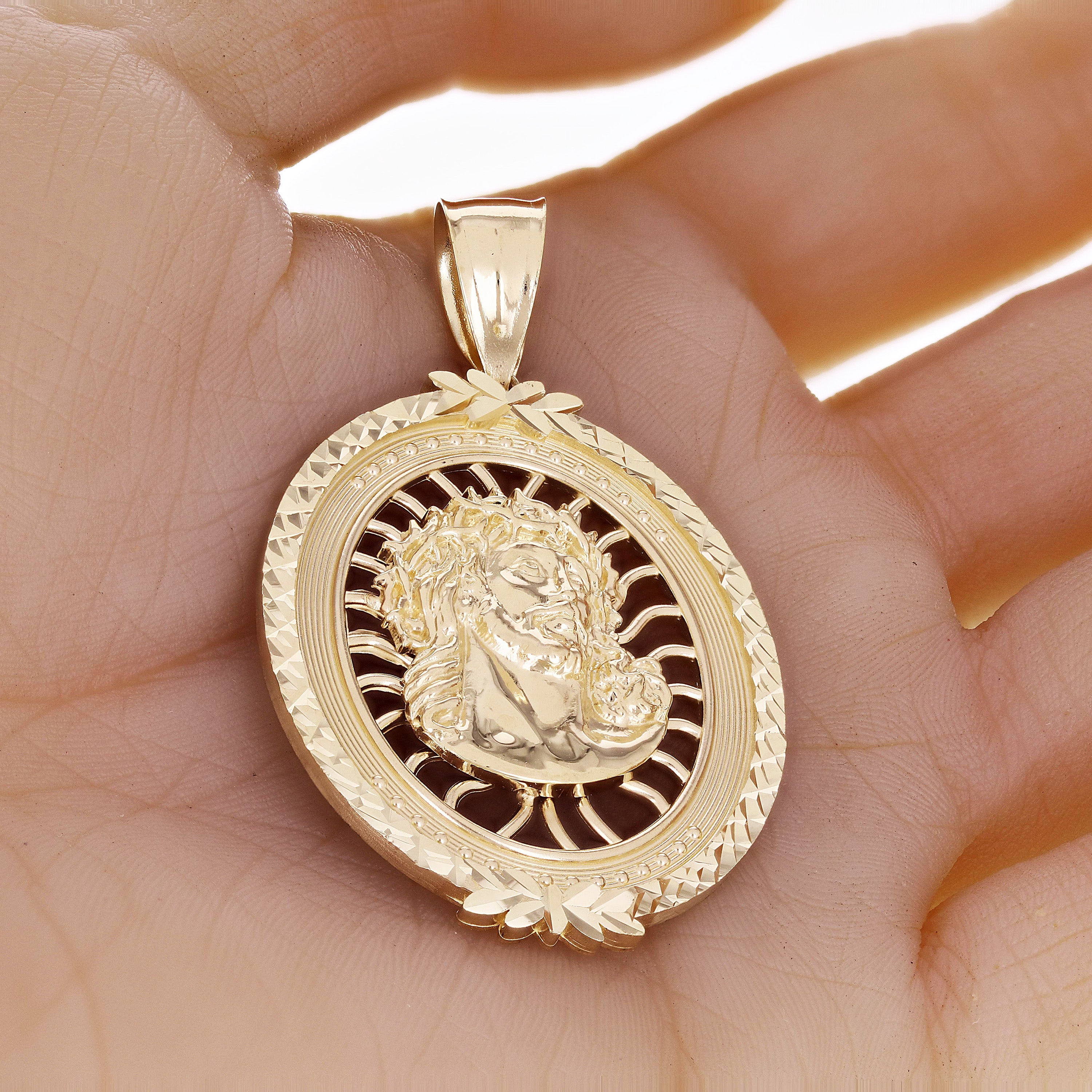 14k Yellow Gold Face of Jesus Christ Oval Charm Pendant 2.3" 11.4 grams