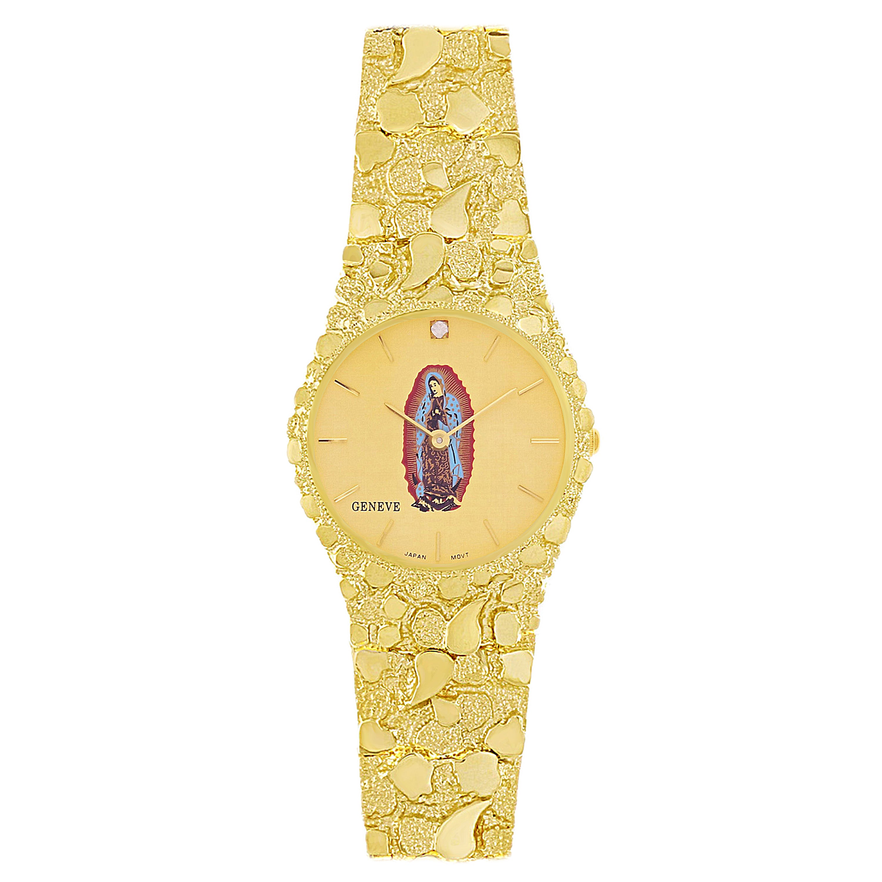 14k Yellow Gold Lady of Guadalupe Geneve Diamond Watch Nugget Band 7-7.5" 53 grams - 7.5" 53 grams