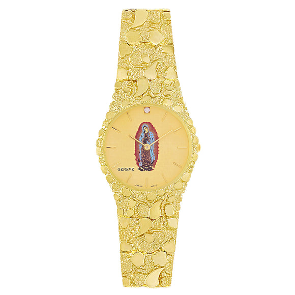 10k Yellow Gold Lady of Guadalupe Geneve Diamond Watch Nugget Band 7-7.5