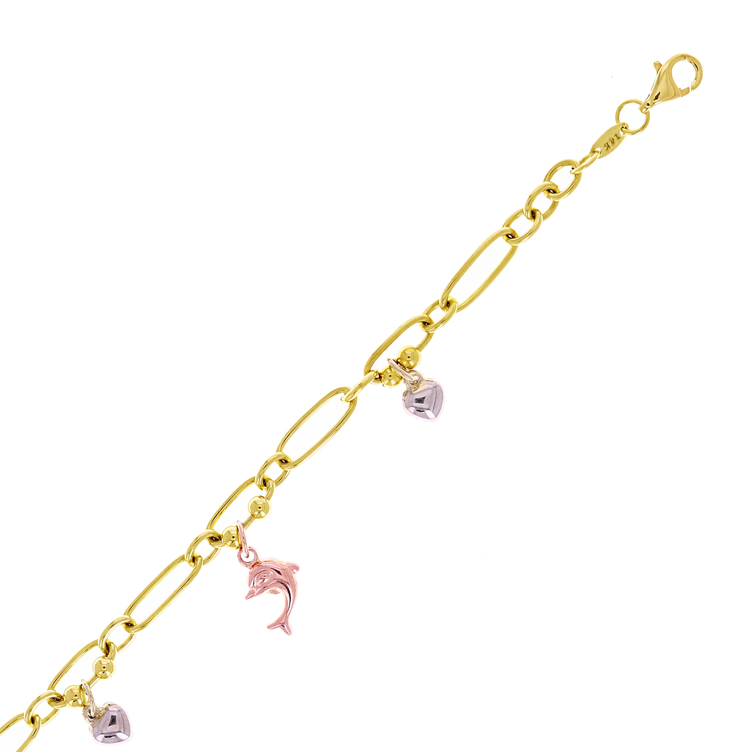 Italian 14k Tri Color Gold Heart & Dolphin Paper Clip Chain Bracelet 7.25" 7.3g