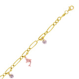 Italian 14k Tri Color Gold Heart & Dolphin Paper Clip Chain Bracelet 7.25" 7.3g