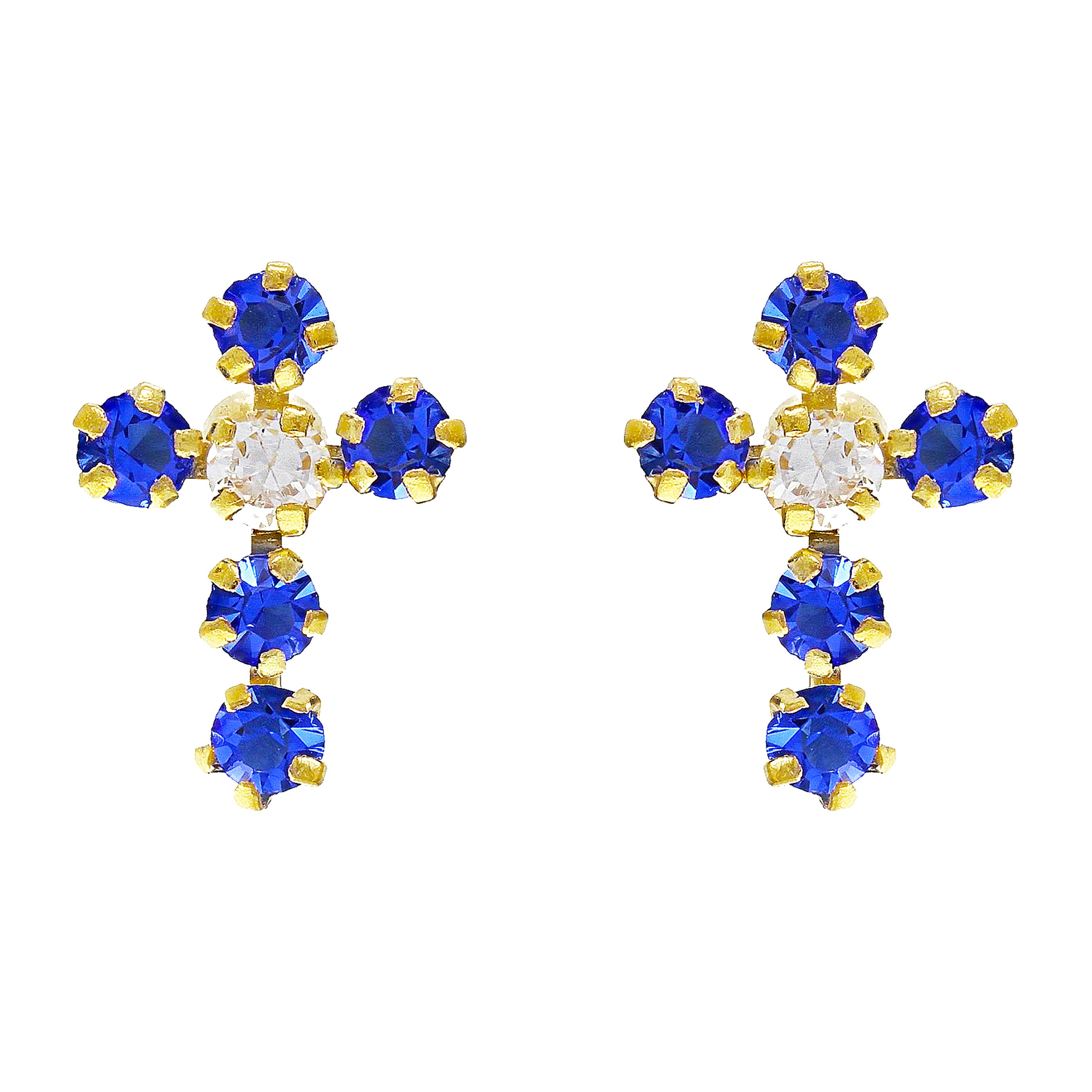 14k Yellow Gold Blue & White Crystal Cross Stud Earrings