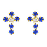 14k Yellow Gold Blue & White Crystal Cross Stud Earrings