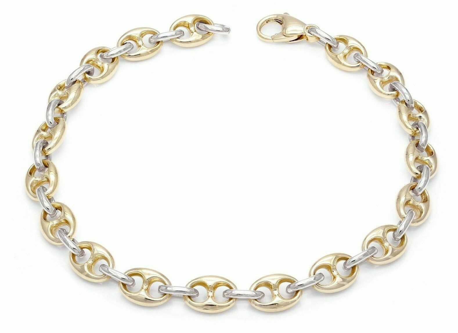 14k Two Tone Gold Solid Puffy Mariner Gucci Link Chain Bracelet 8" 7.5mm 24.8g - Yellow and White,80"