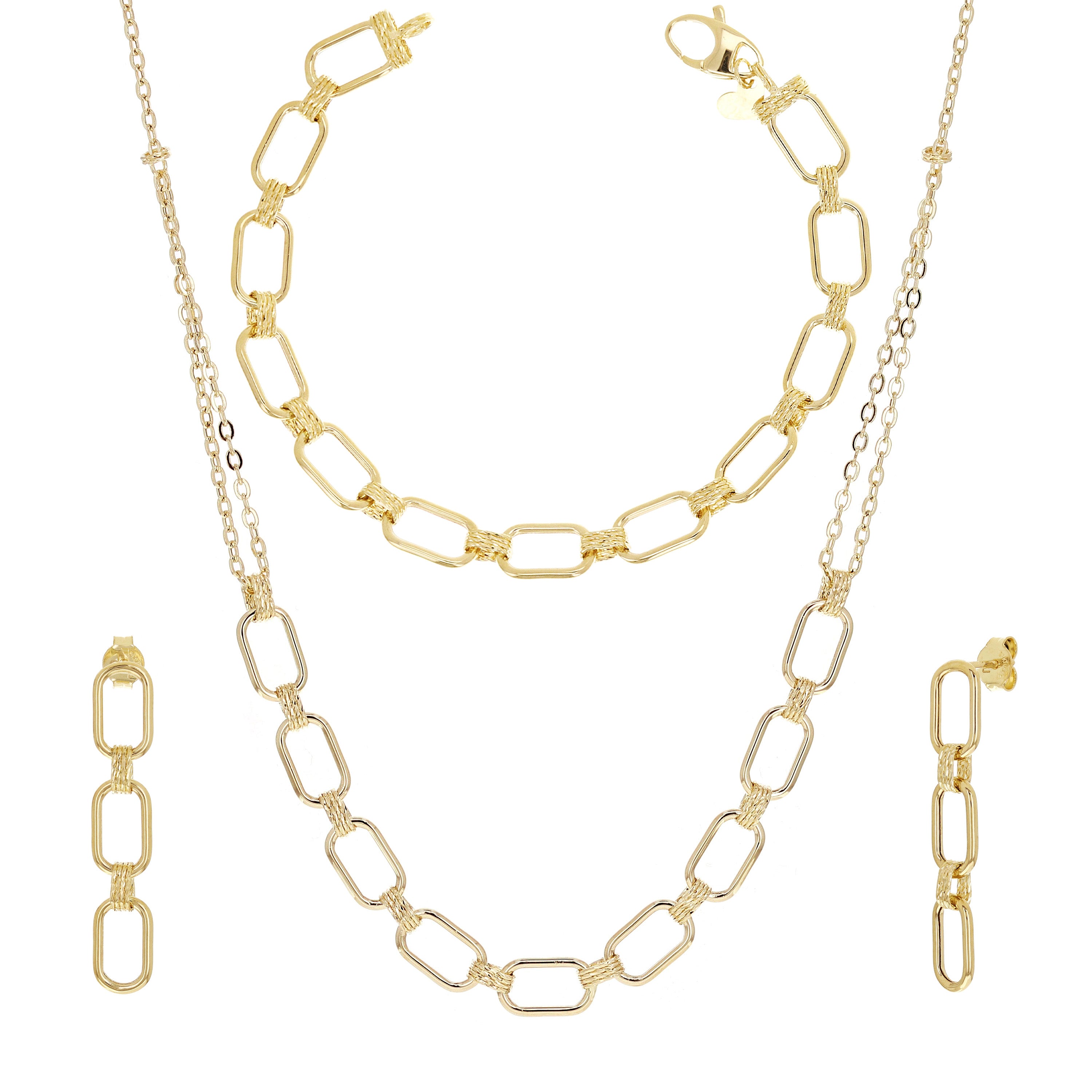 Italian 14k Yellow Gold Oval Links Necklace, Bracelet & Earrings Set 13.8 grams