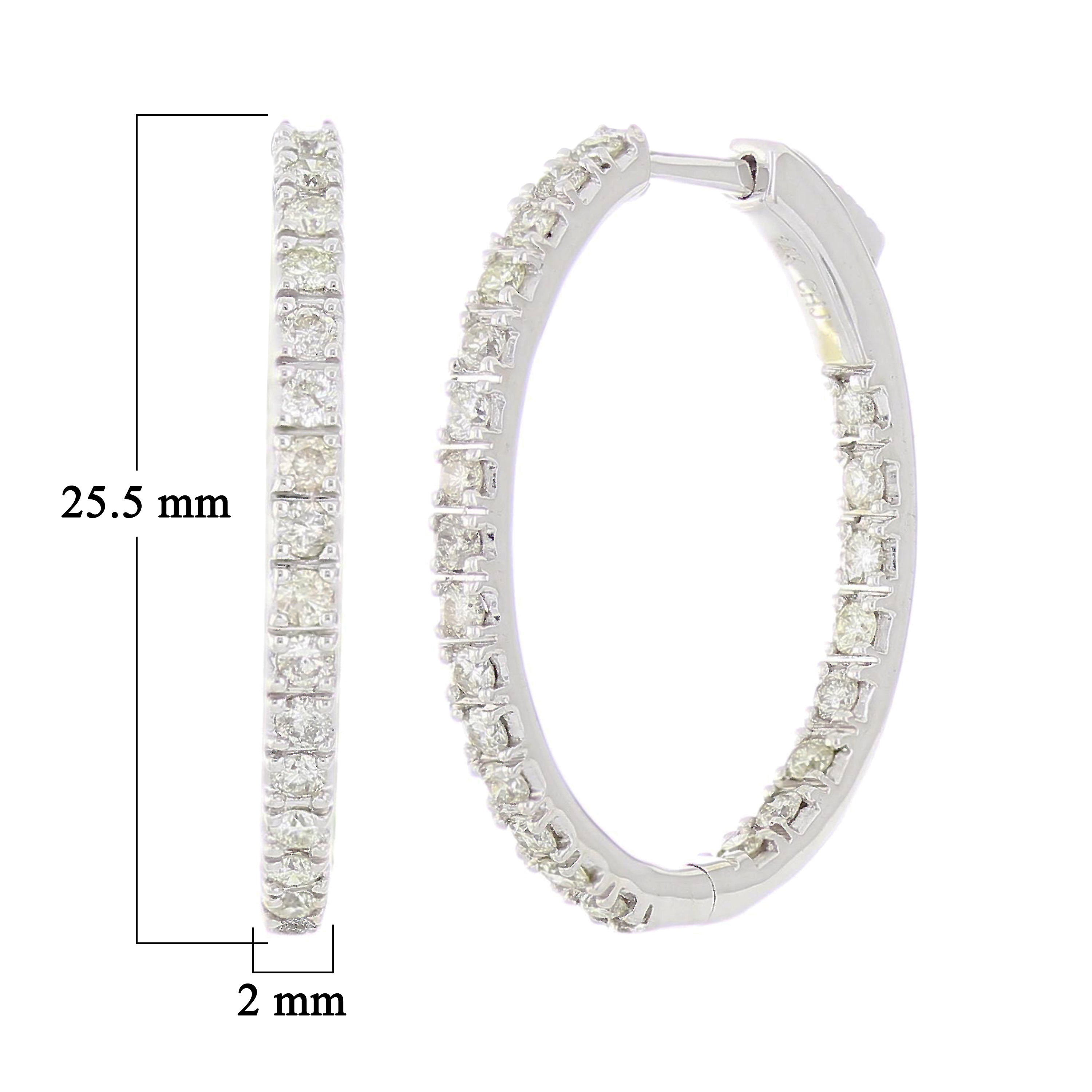 14k White Gold 1ctw Diamond Inside Out Oblong Oval Hoop Earrings