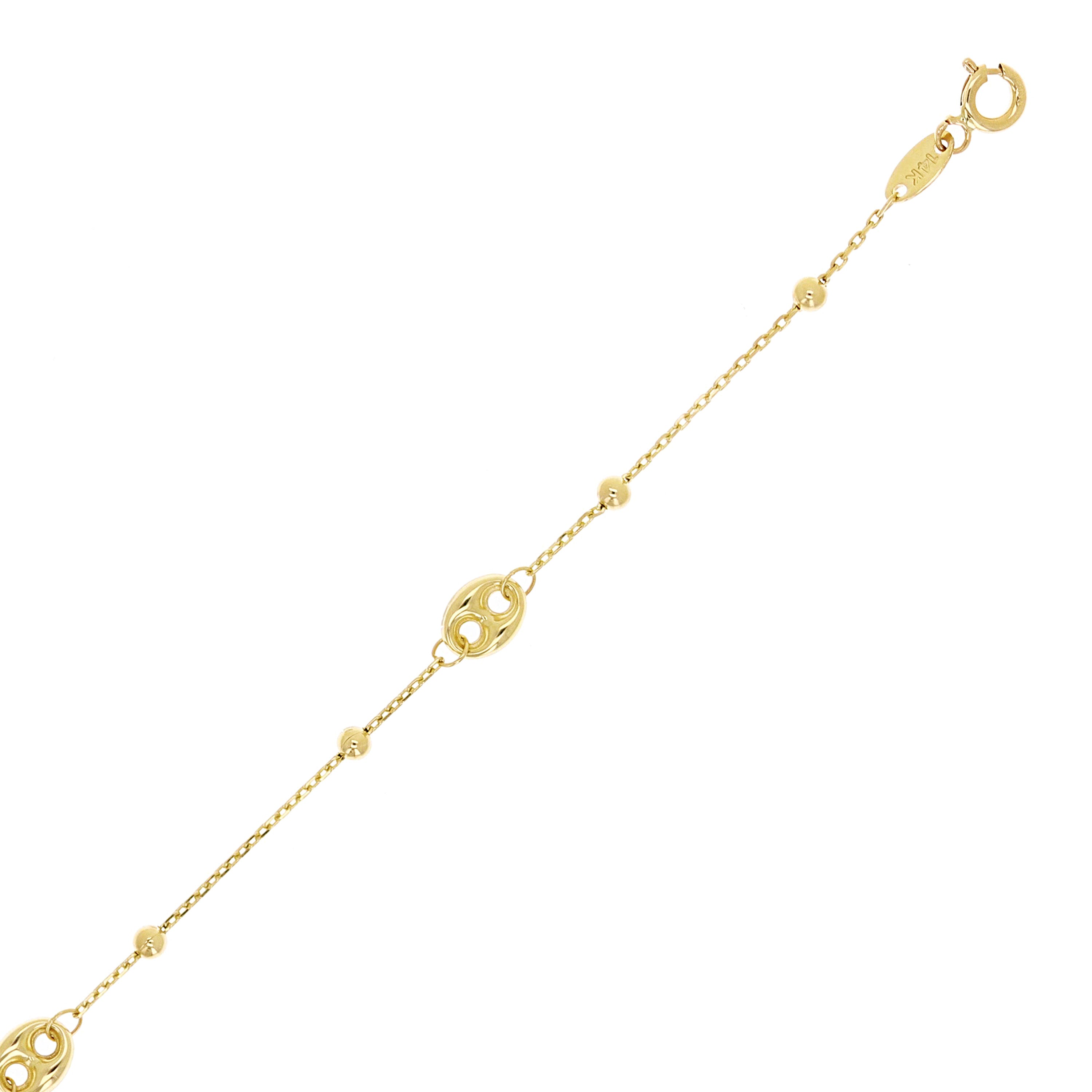 Italian 14k Yellow Gold Puff Mariner Charm Beads Anchor Bracelet 8" 5mm 1.6grams