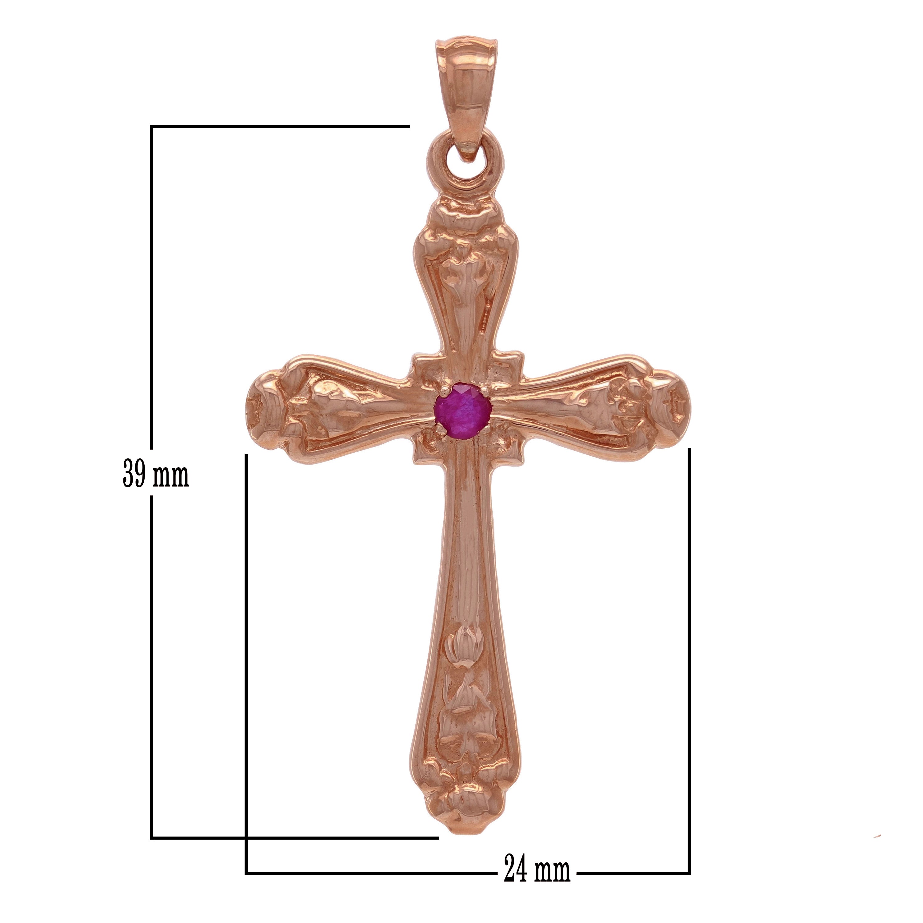 14k Rose Gold Ruby Gemstone Religious Cross Charm Pendant 5.4 grams - Rose