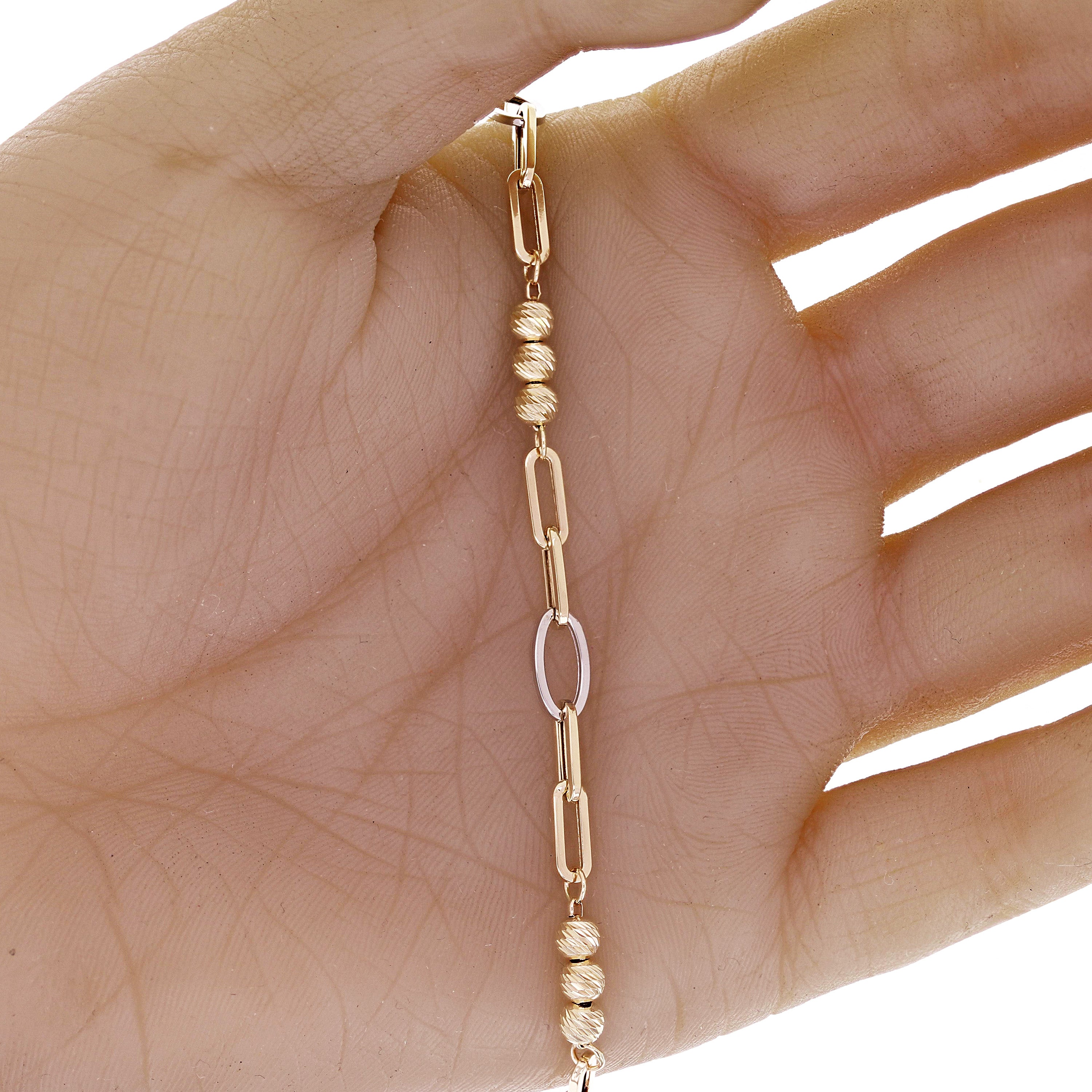 Italian 14k Two Tone Gold Ball Bead & Paper Clip Link Bracelet 7.5" 3.2 grams