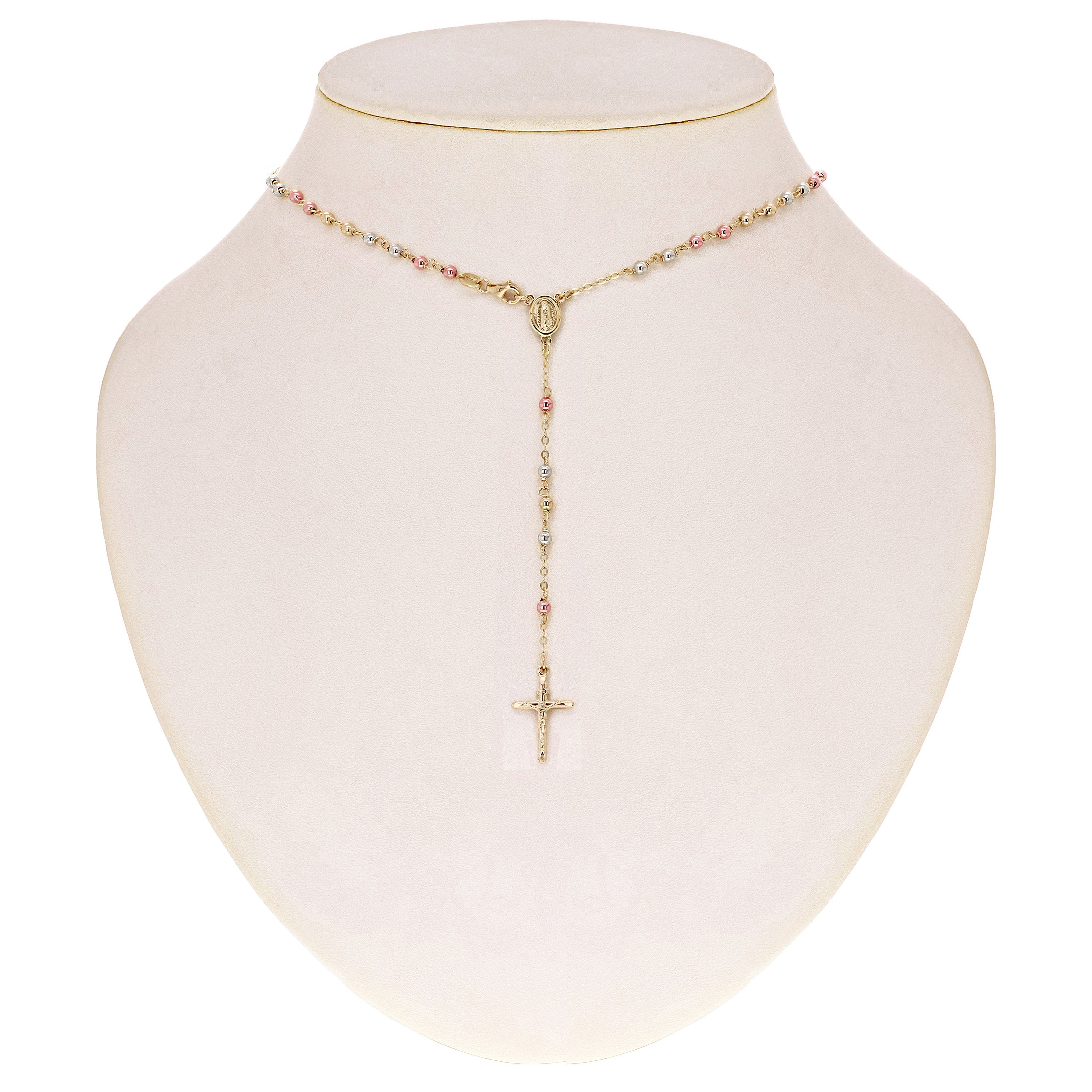 Italian 14k Tri Color Gold Miraculous Medal Rosary Necklace 26" 4mm 9 grams