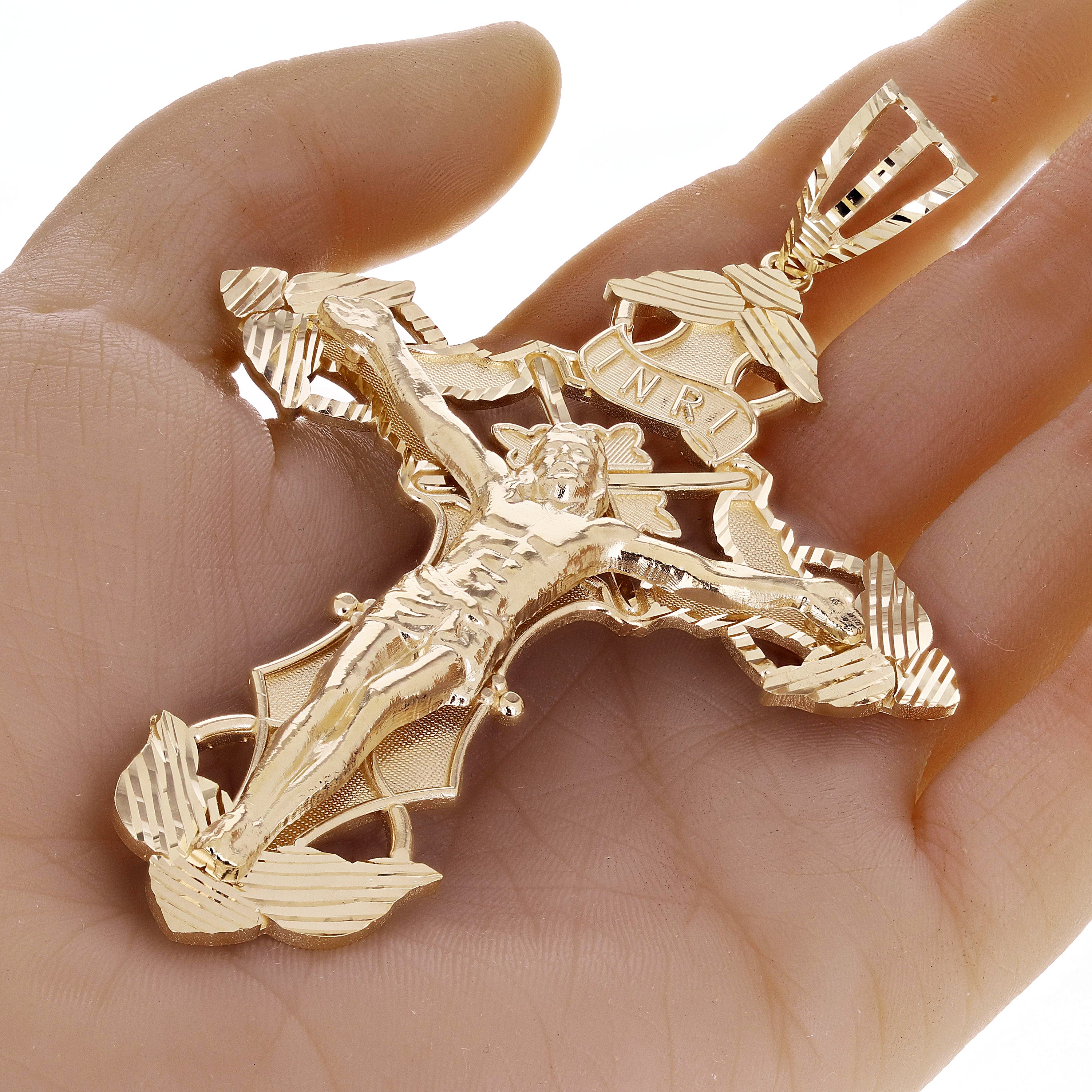 14k Yellow Gold BIG INRI Christ Passion Cross Crucifix Pendant 4.6" 41 grams