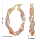 Italian 14k Tri-Color Gold Hollow Satin Twisted Hoop Earrings 22.8mm x 3mm 1.8g