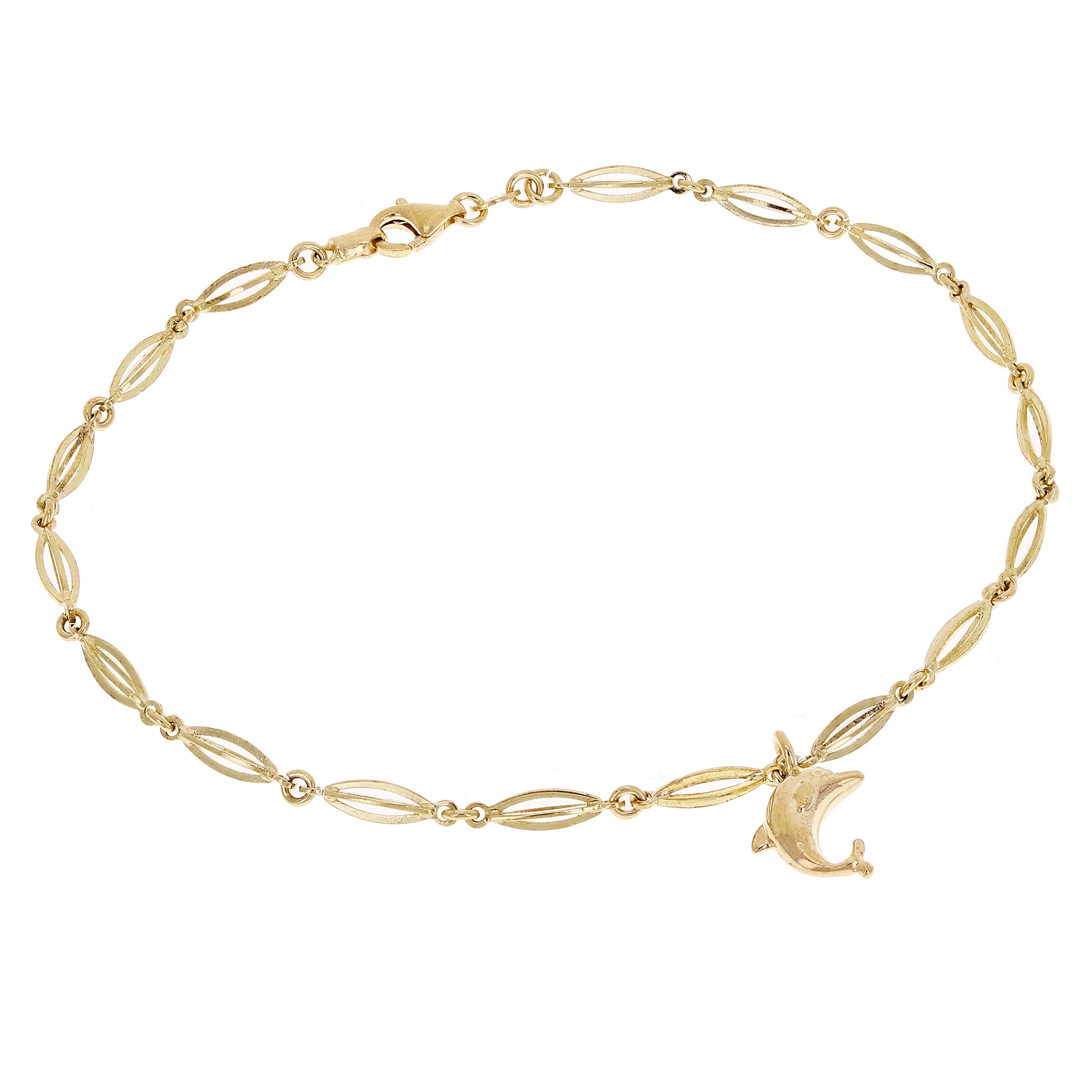 14k Yellow Gold Anklet Bracelet with Dolphin Charm 9" 3.1mm 4.2 grams
