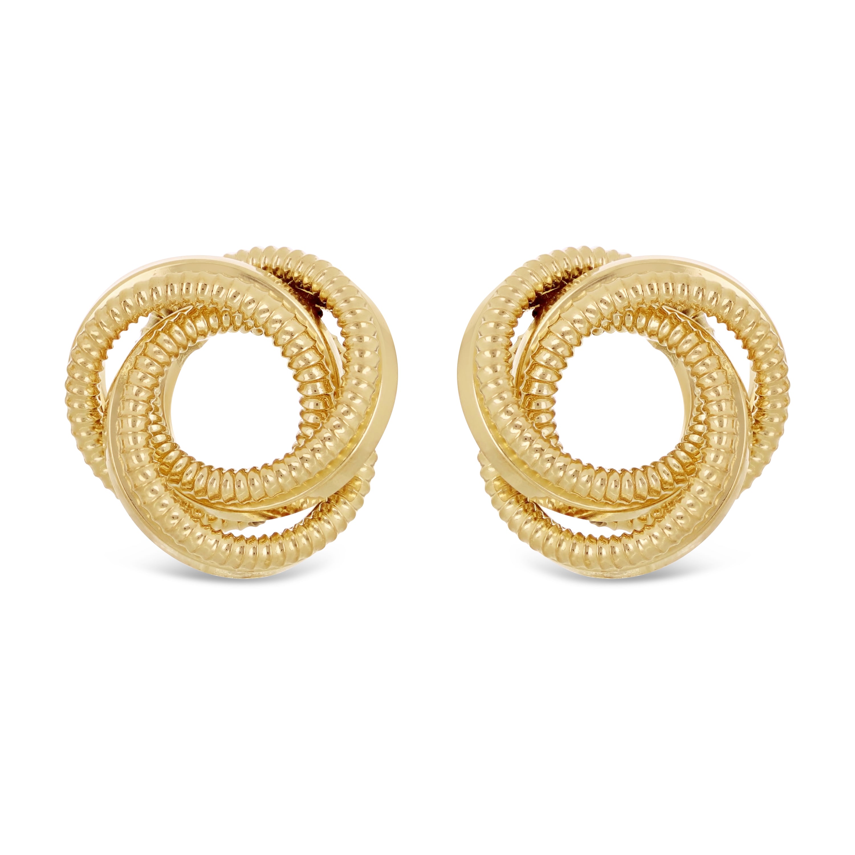 Italian 14k Yellow Gold Triple Love Knot Eternity Circle Rope Stud Earrings - Triple Textured