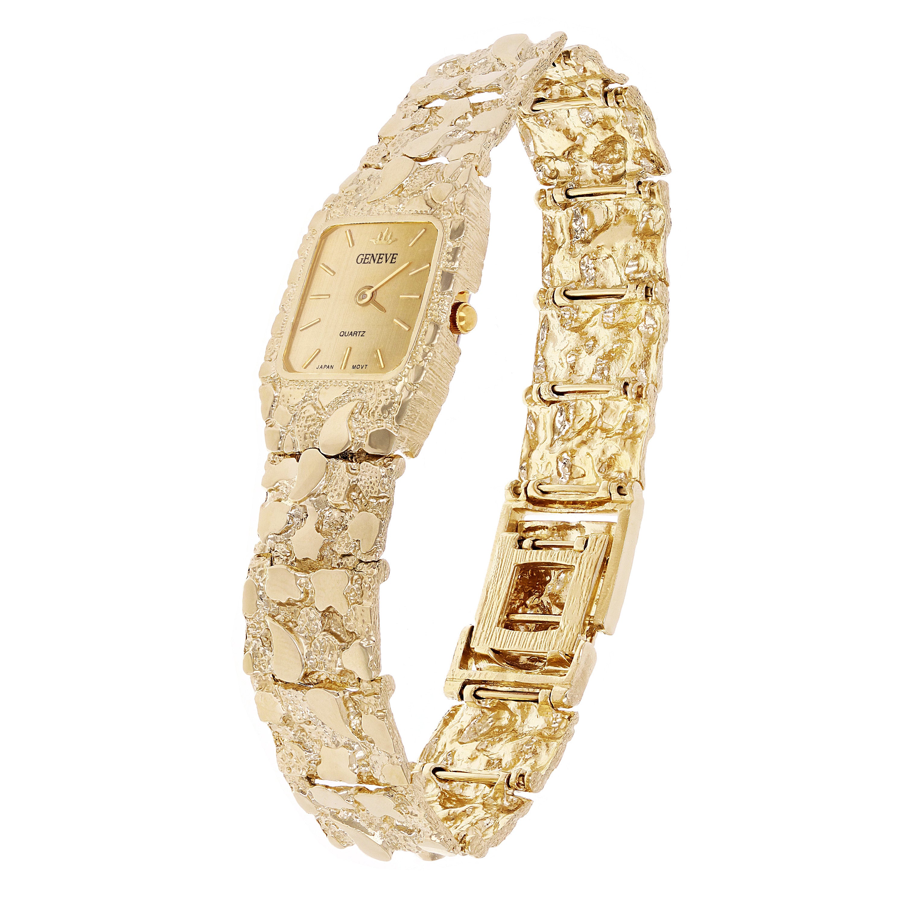 Women's 14k Yellow Gold Nugget Link Wrist Bracelet Geneve Watch 6.5-7" 42 grams - Gold Faceplate 8"