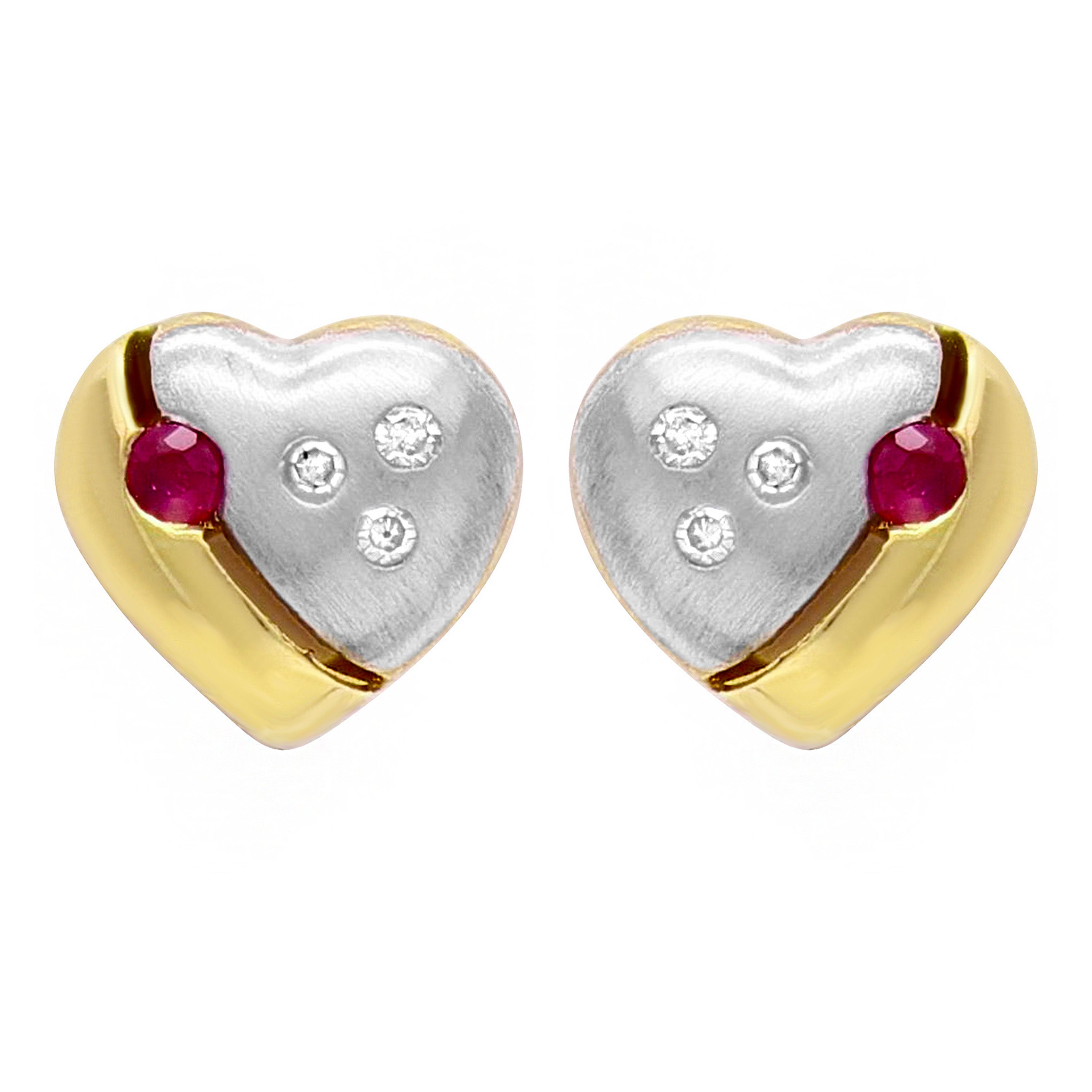 10k Two Tone Gold Ruby & Diamond Puffy Heart Stud Earrings