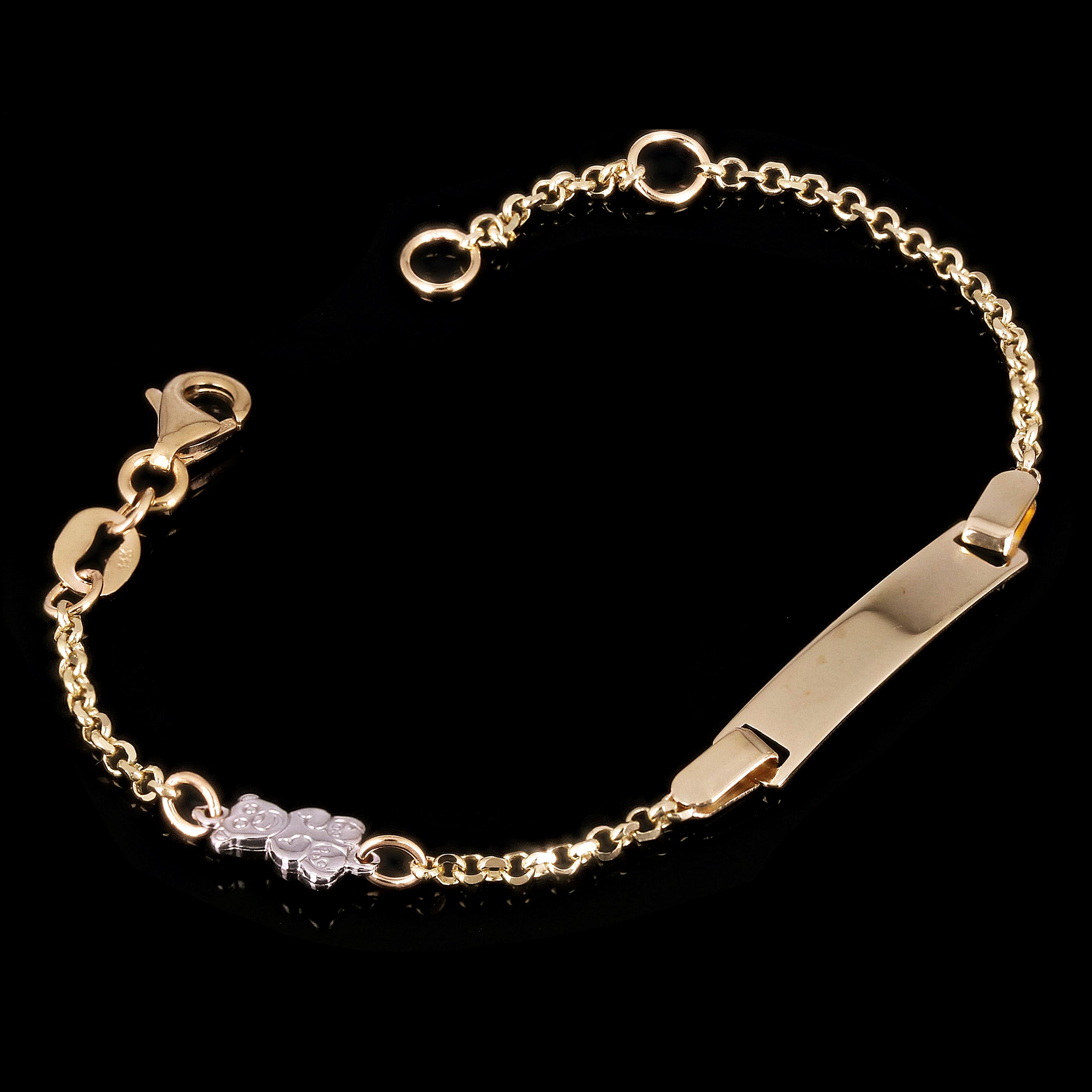 Italian 14k Yellow & White Gold Teddy Bear Charm Baby Kids ID Bracelet 5.5" 2g