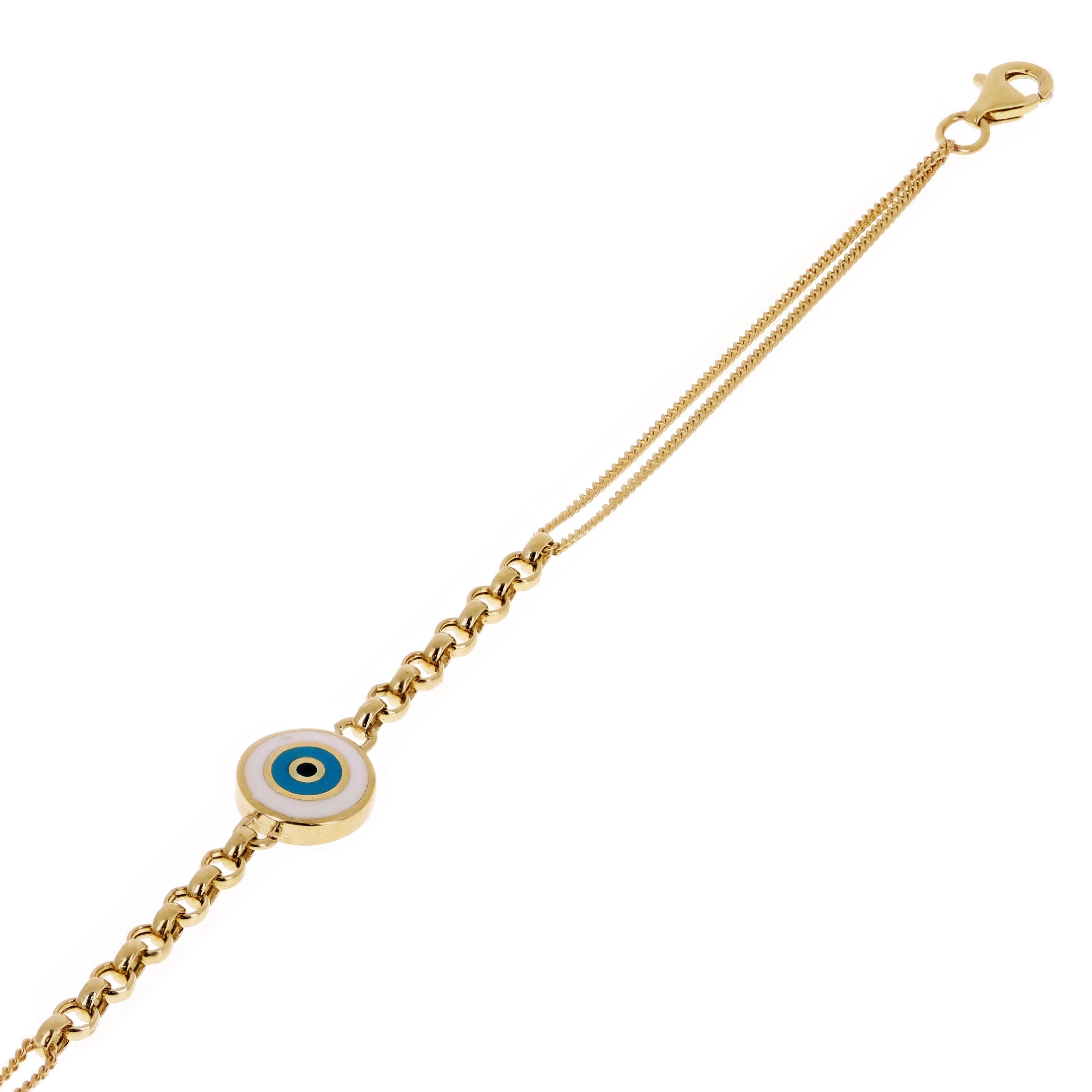 Italian 14k Yellow Gold Double Cuban Chain Evil Eye Charm Bracelet 7.5" 3 grams