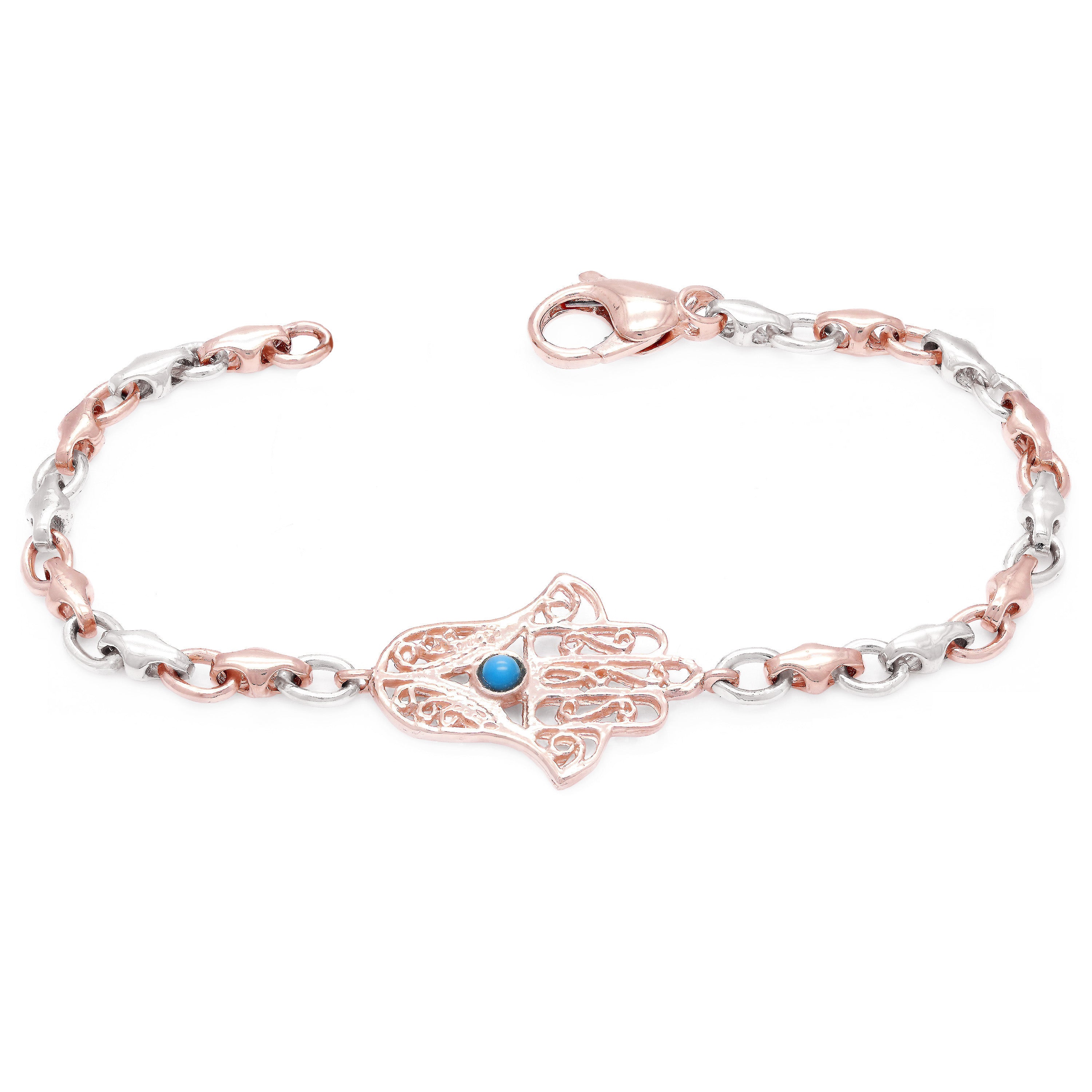 10k Two Tone Gold Hand of Fatima Hamsa Charm Bracelet with Turquoise 7" 8.5grams - 7"