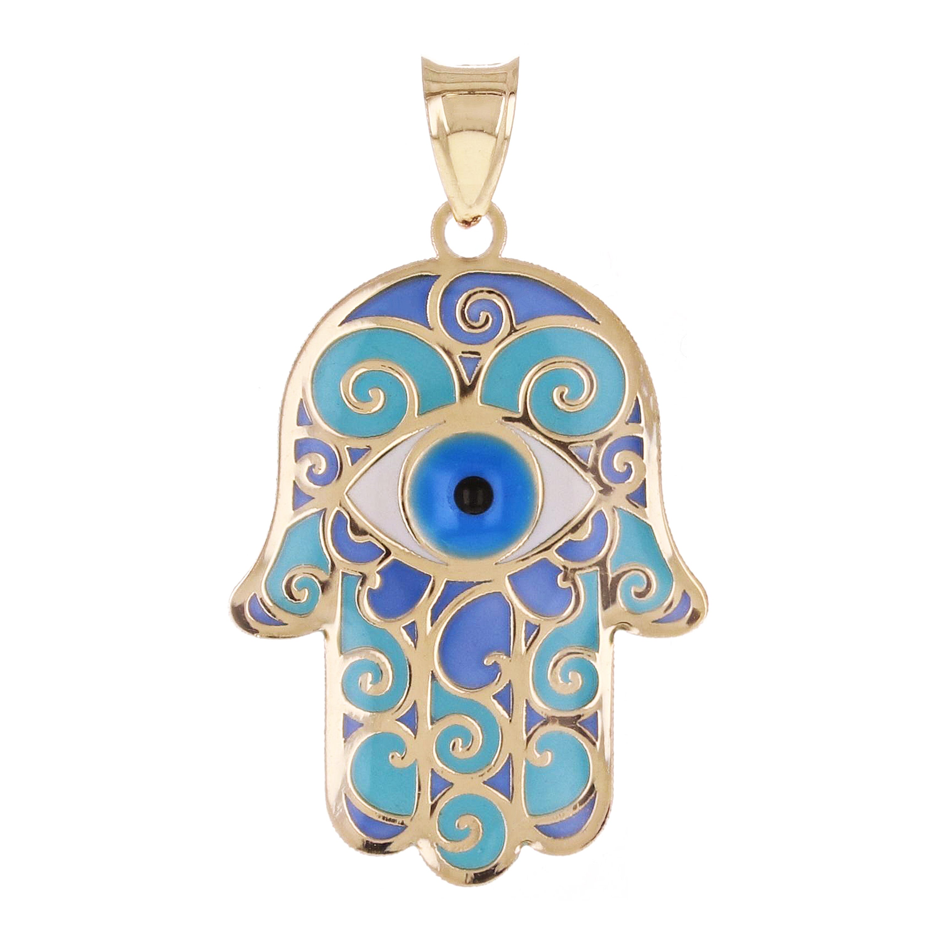 Italian 14k Yellow Gold Blue Enamel Hamsa Hand Charm Pendant 29mmx16.8mm 0.8g - Large
