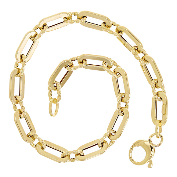 Italian 14k Yellow Gold Rope & Plain Paper Clip Link Bracelet 7.5