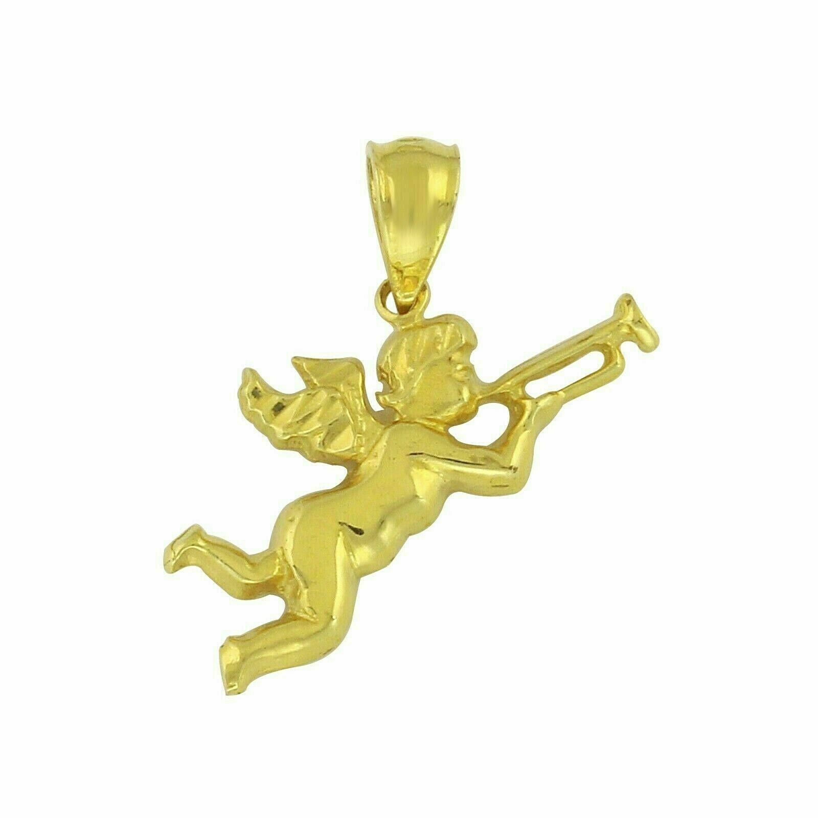 14k Yellow Gold Baby Angel Playing Trumpet Horn Charm Pendant 1.2 grams