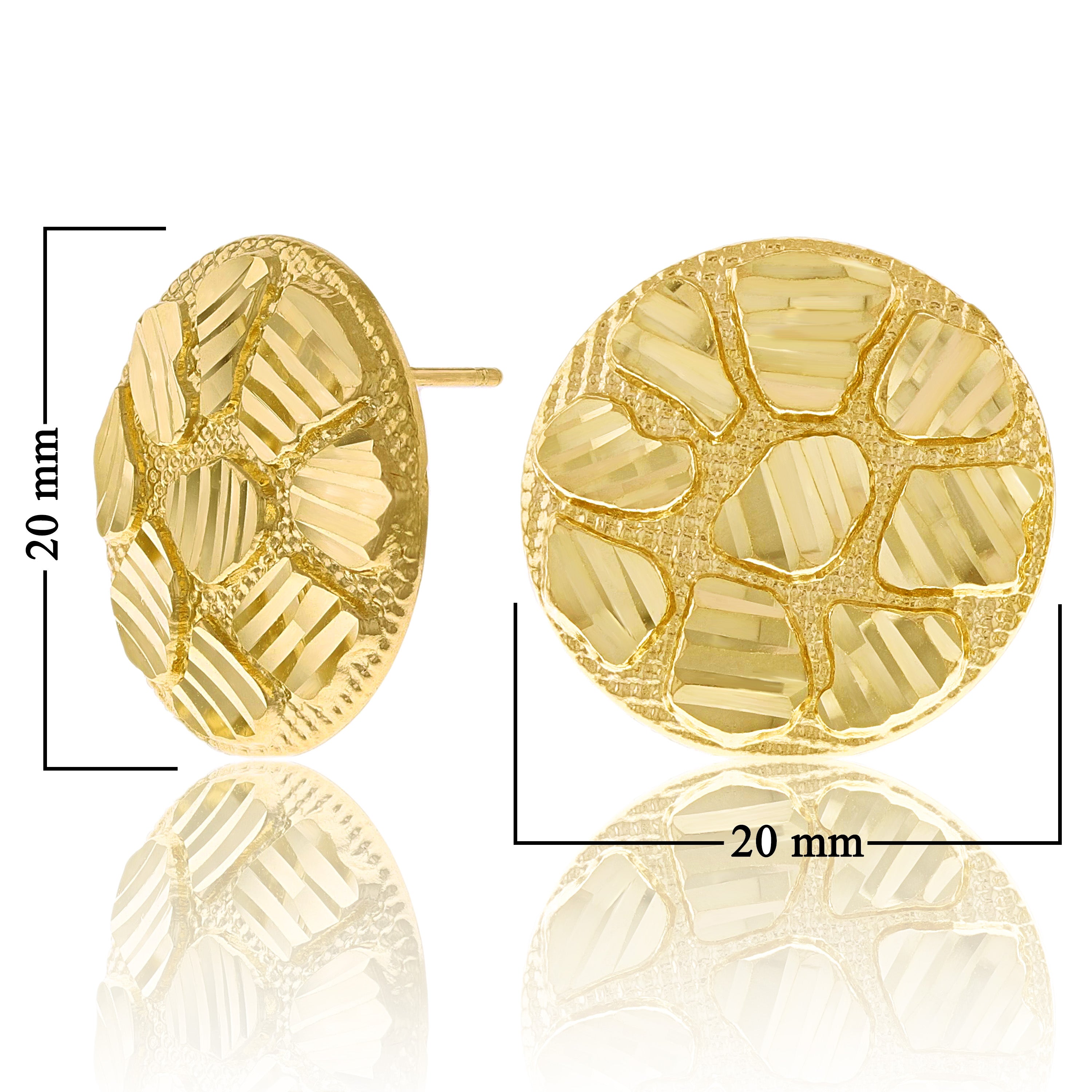 14k Yellow Gold Diamond Cut Nugget Round Stud Earrings 20mm 4.8 grams