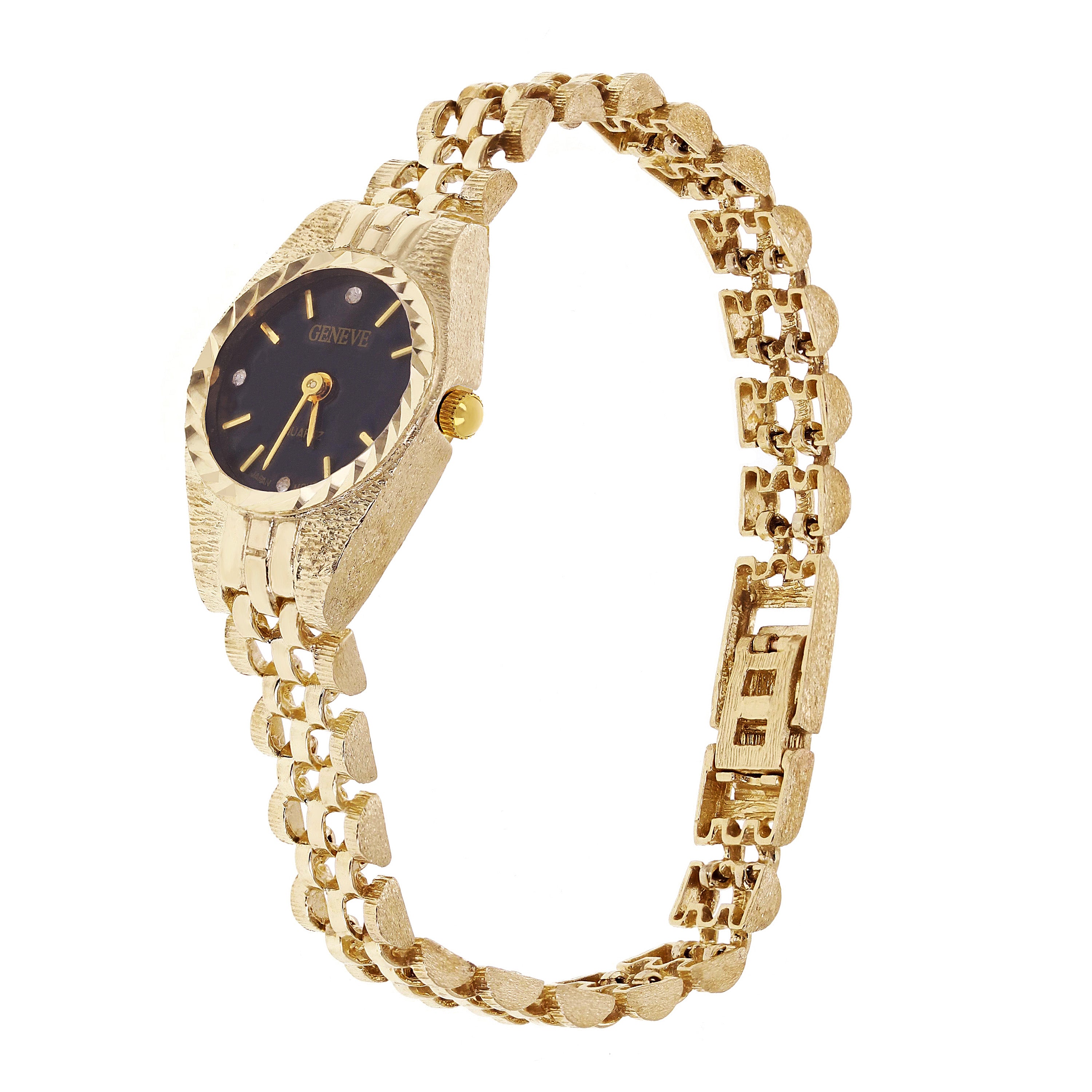 Women's 10k Yellow Gold Watch Link Geneve Diamond Wrist Watch 6-8"