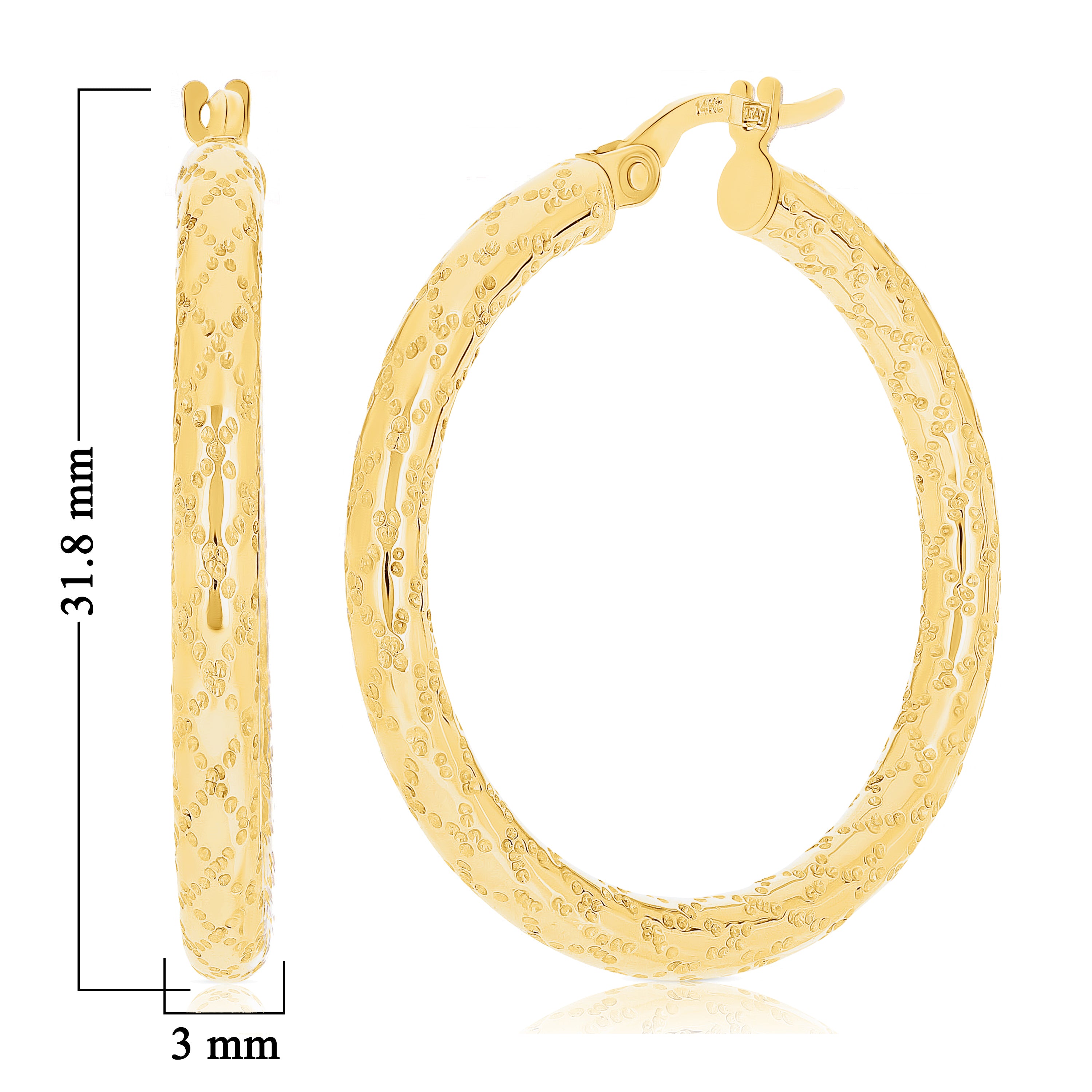 Italian 14k Yellow Gold Diagonal Snare Design Medium Hollow Hoop Earrings 1.3"