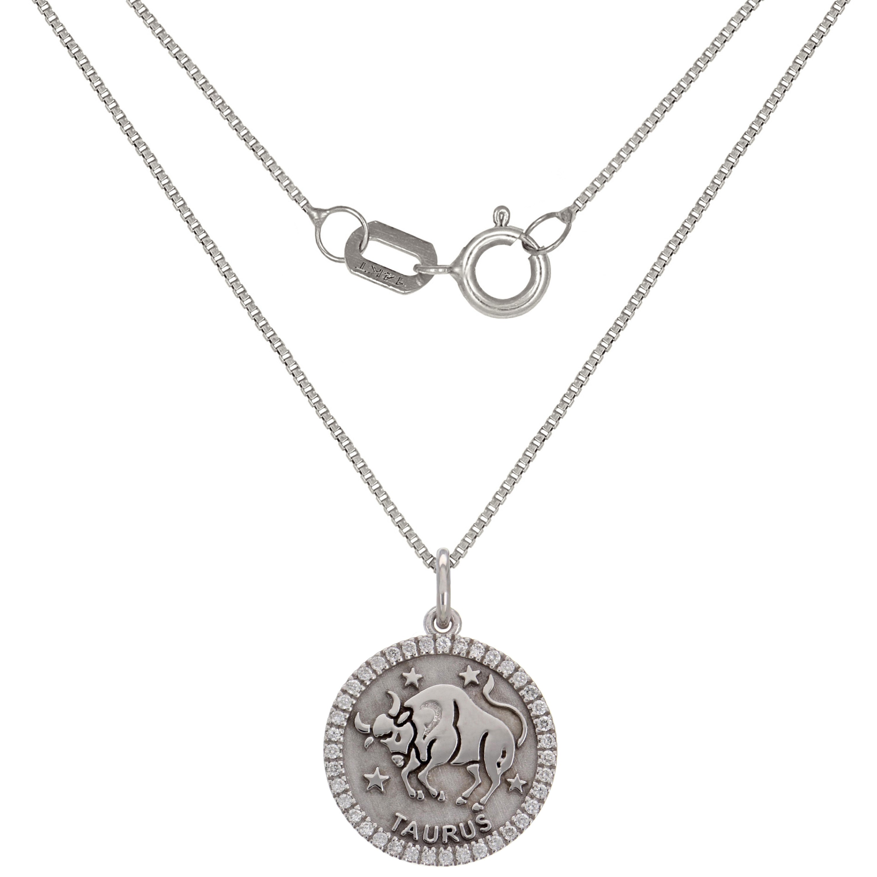 14k White Gold Diamond Zodiac Sign Taurus Pendant Necklace 18" - Taurus,White