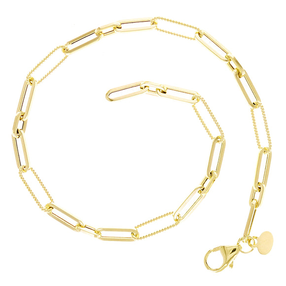 Italian 14k Yellow Gold Plain & Rope Paper Clip Link Bracelet 7.5
