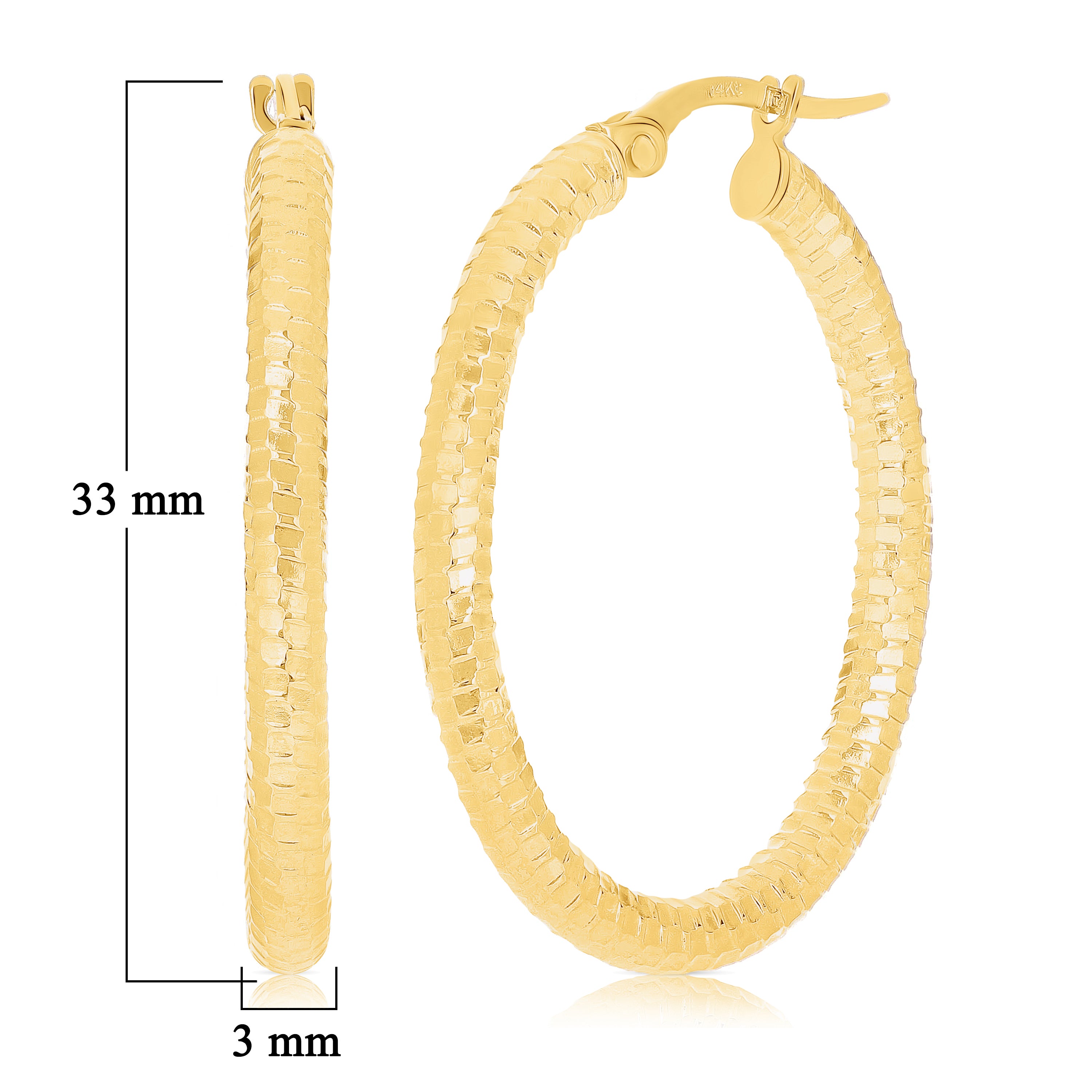 Italian 14k Yellow Gold Honeycomb Medium Hollow Oval Hoop Earrings 1.3"