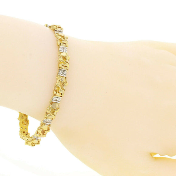 10k Yellow Gold Nugget Bracelet with Natural Round Diamonds 7.75