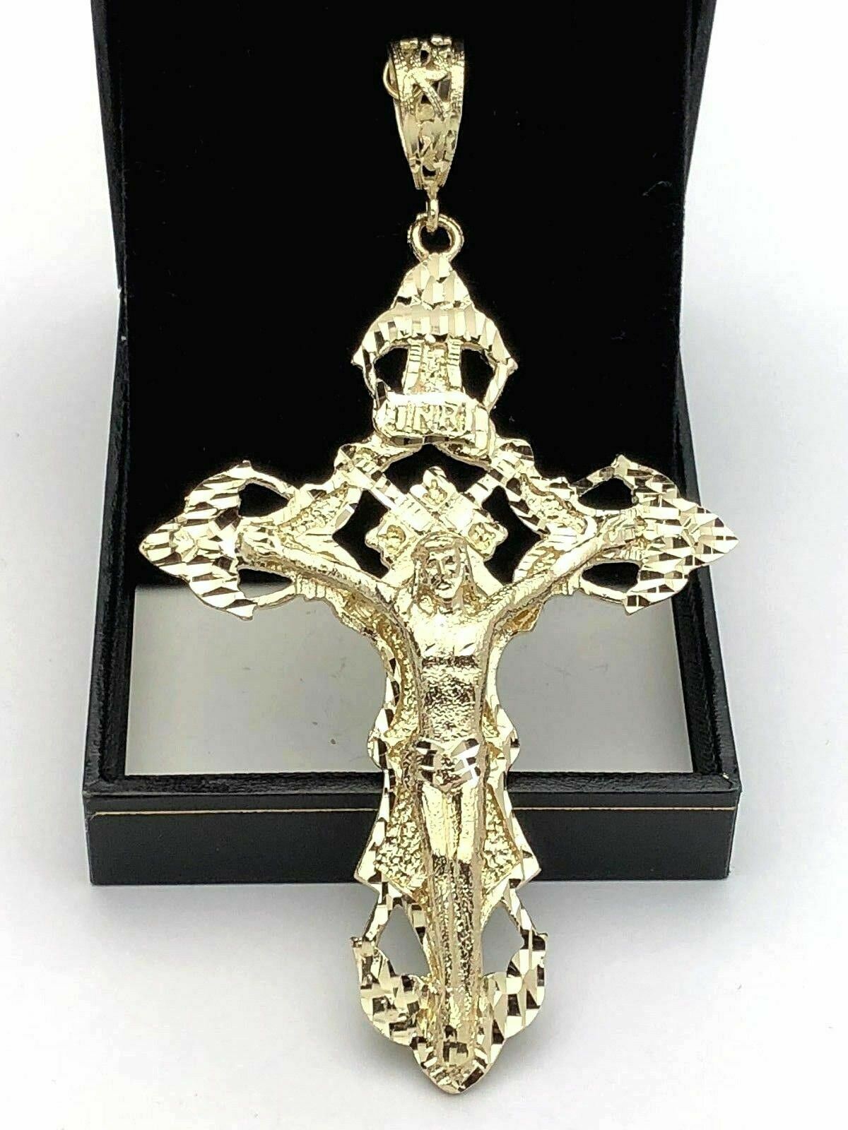 14k Yellow Gold Religious INRI Jesus Christ 3D Big Cross Pendant 4.25" 31.2grams - Yellow