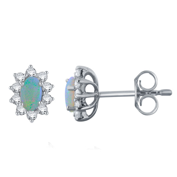 14k White Gold Oval Opal & 0.3 ctw Diamond Aura Halo Basket Set Stud Earrings