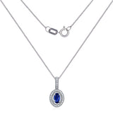 14k White Gold Oval Blue Sapphire Pendant Diamond Accented Halo Pendant Necklace 18" - Sapphire