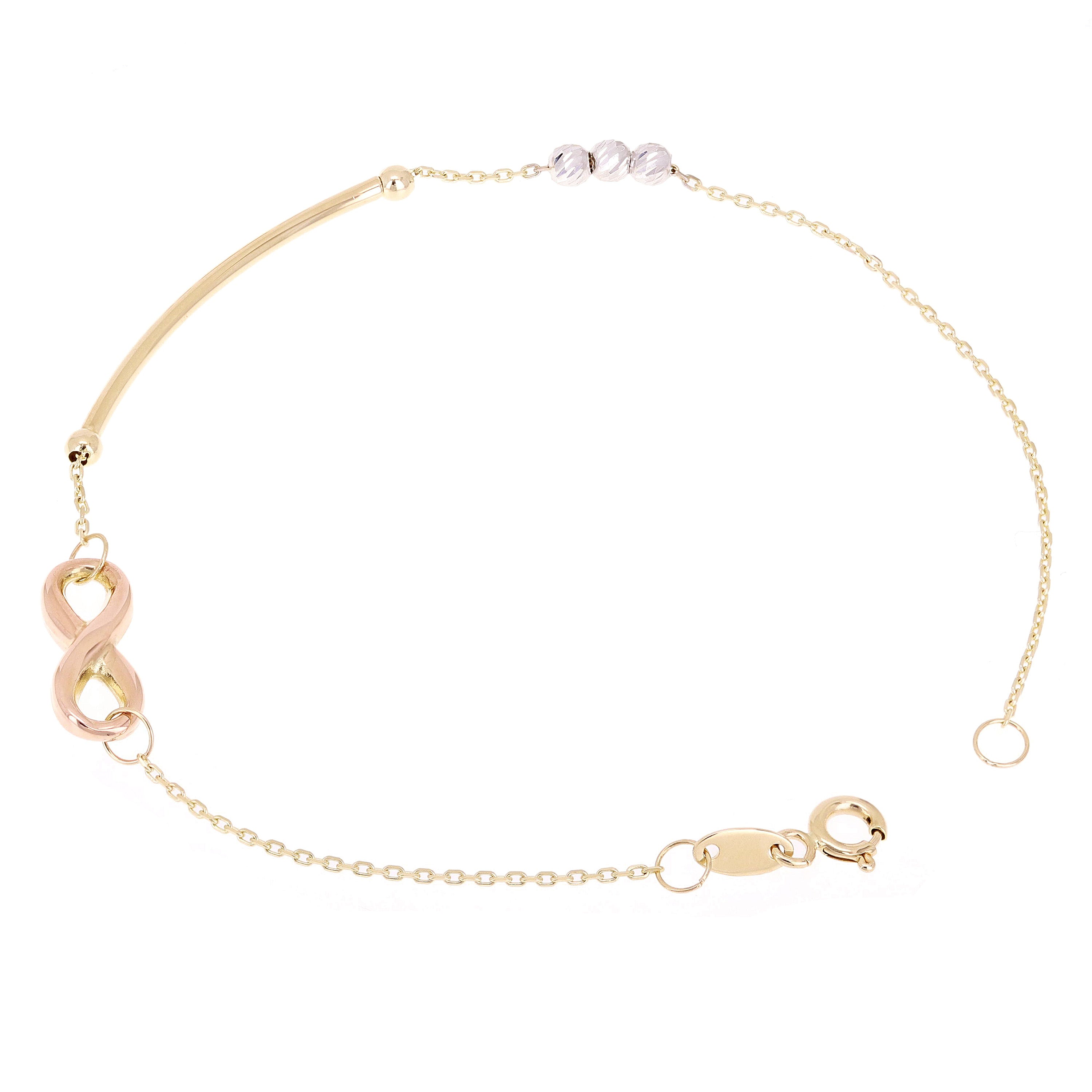 Italian 14k Tri Color Gold Infinity Charm Bar Link Bracelet 7.25" 1.7 grams