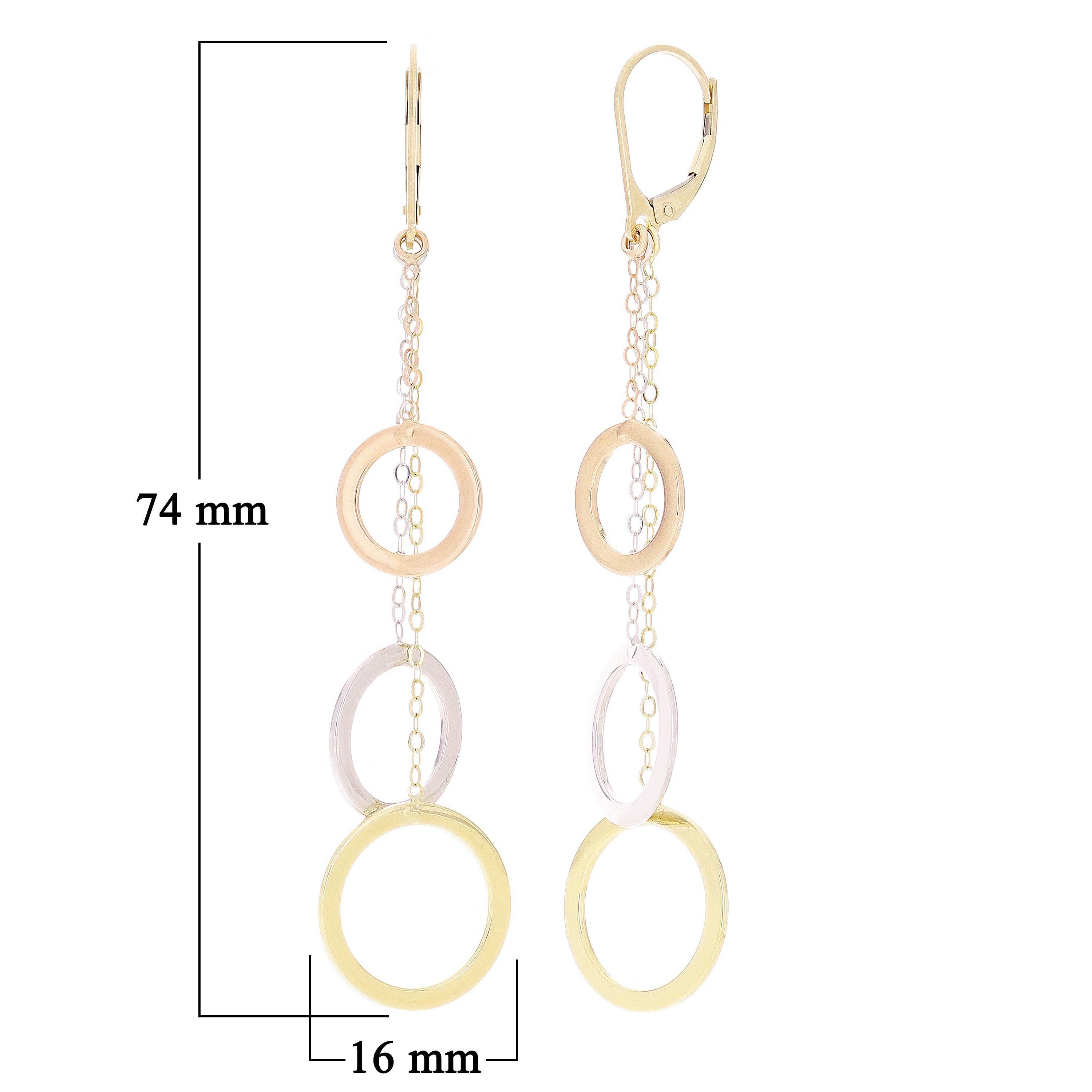 Italian 14k Yellow White & Rose Gold Shiny Circle Chain Linear Dangle Earrings 2.9"