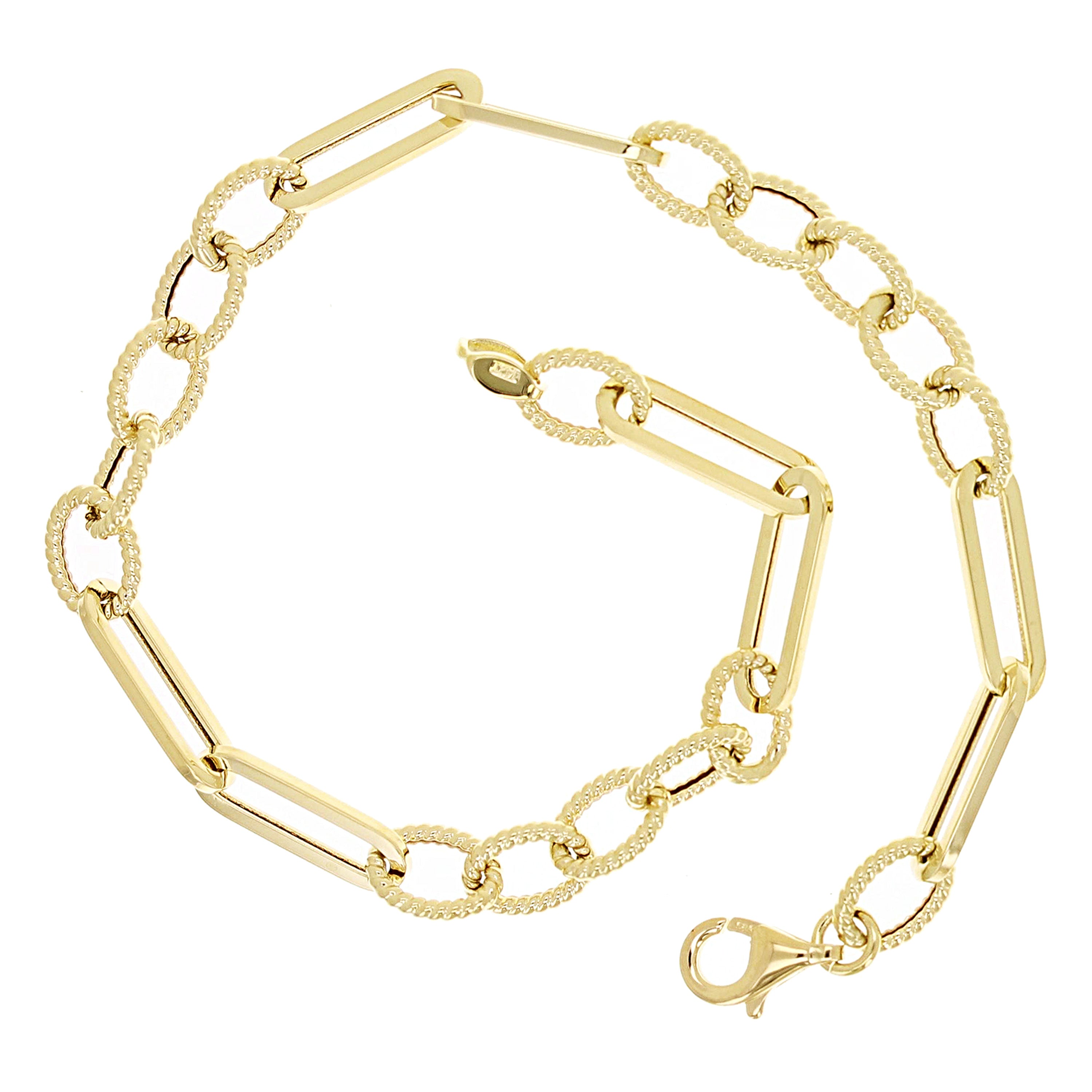 Italian 14k Yellow Gold Oval Twisted & Paper Clip Link Bracelet 7.75" 3 grams