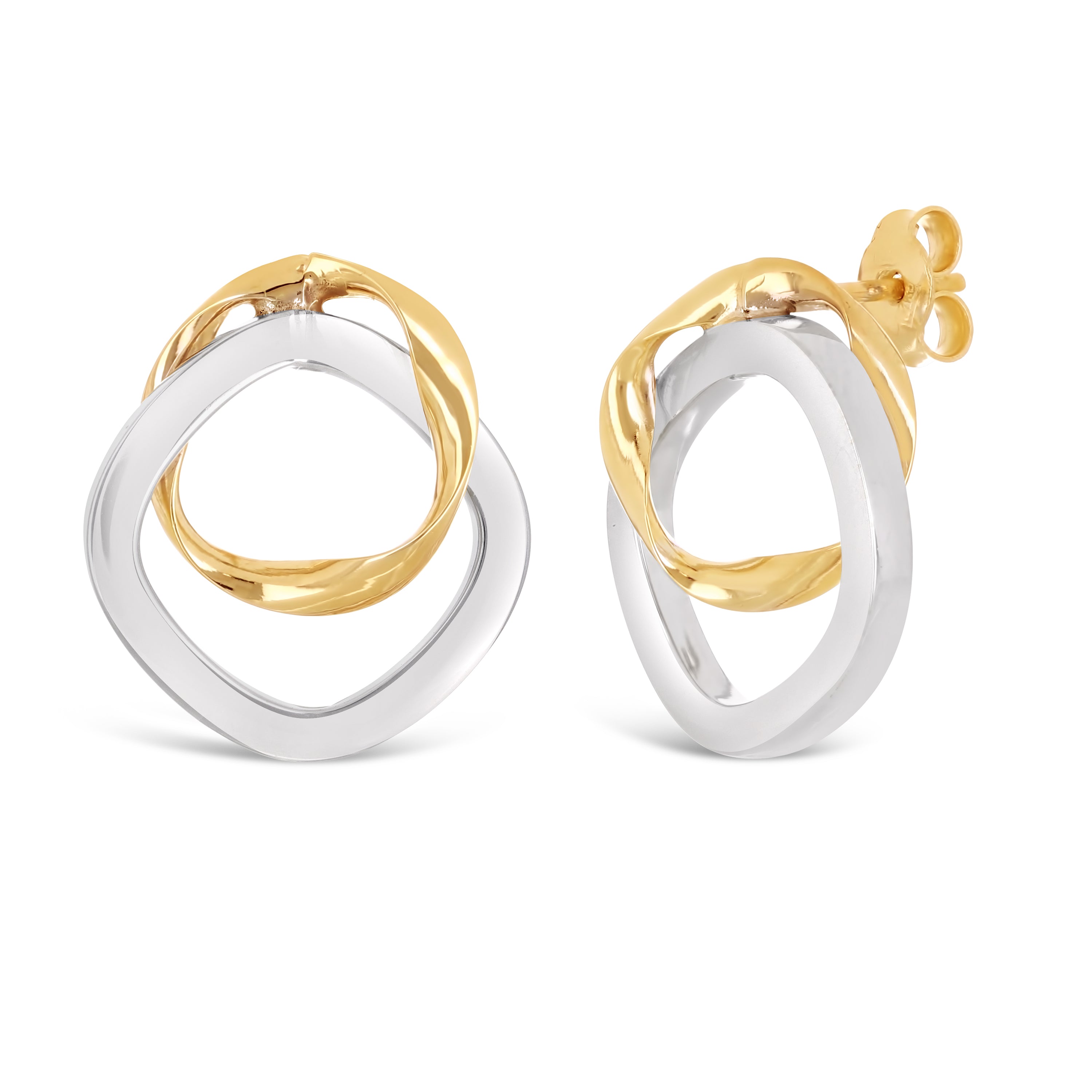Italian 14k Yellow & White Gold Bright Shine Tubular Double Hoop Stud Earrings - Twisted Circle