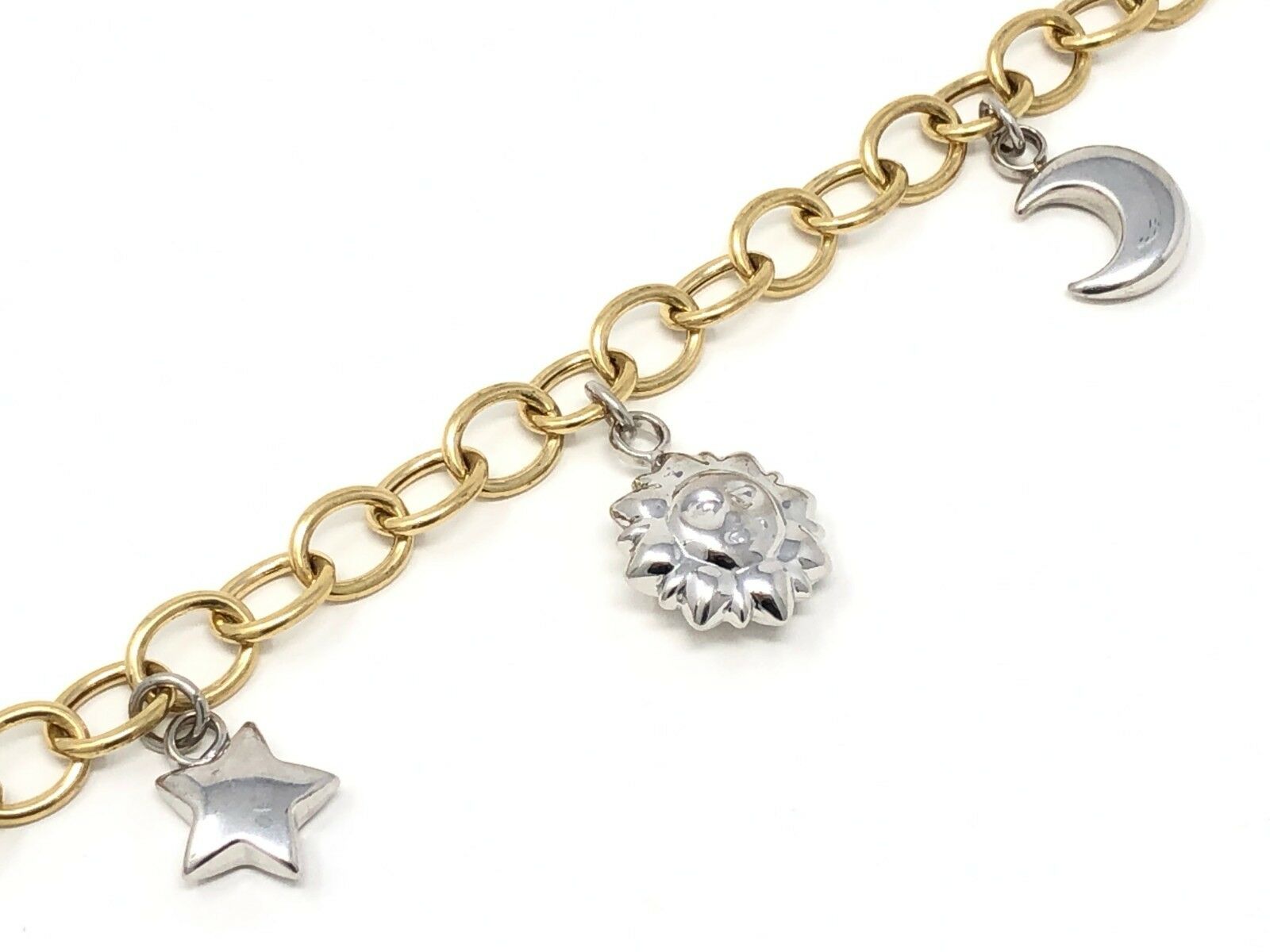 14k Two Tone Gold Moon Sun Star Charm Bracelet Hollow 7.5" 16 grams