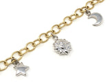 14k Two Tone Gold Moon Sun Star Charm Bracelet Hollow 7.5" 16 grams