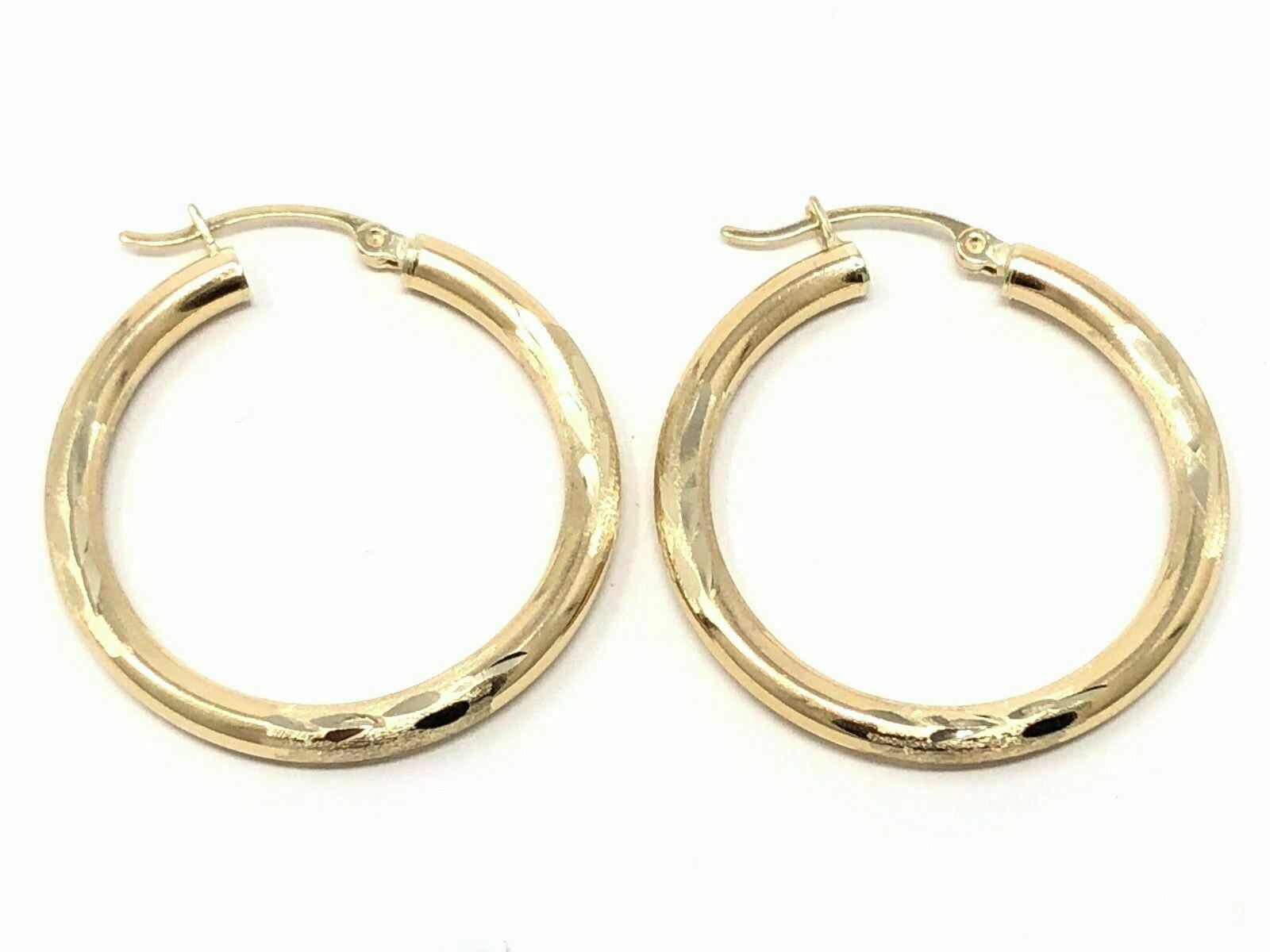 14k Yellow Gold Hollow Diamond Cut Round Hoop Loop Earrings 1.2" 3.1mm 2.4 grams